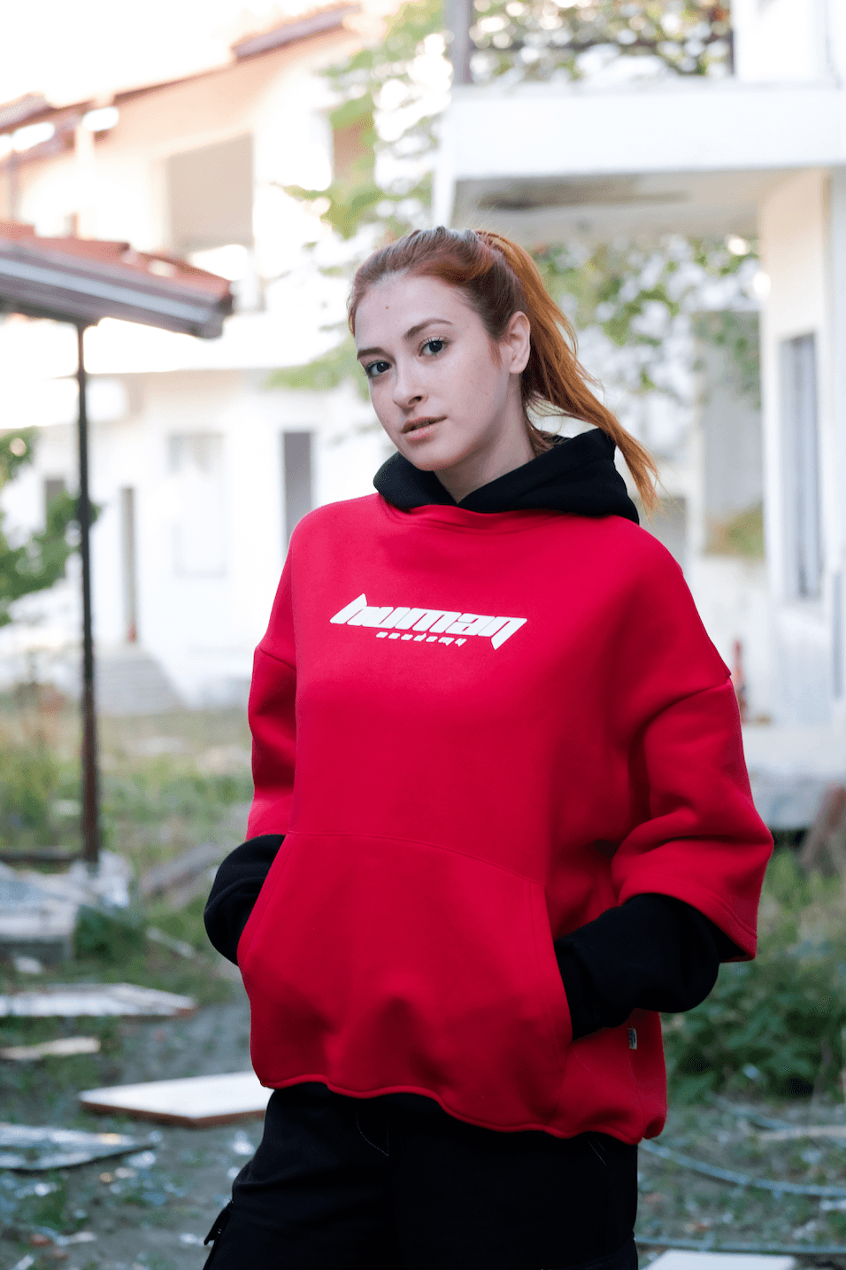  Premium Oversize 'Human' Baskılı Kol Detaylı Unisex Hoodie - Kırmızı