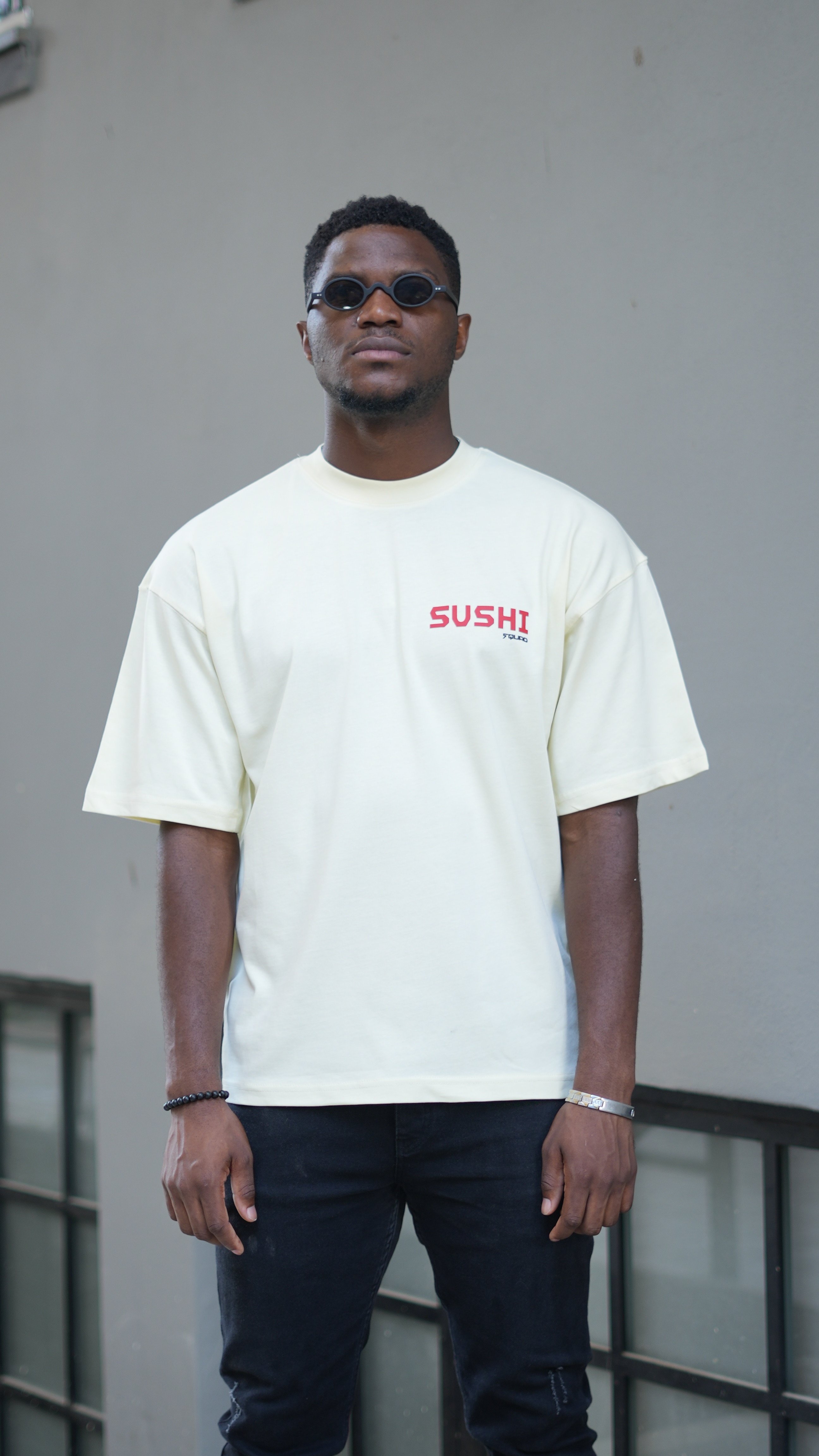Oversize %100 Pamuk 'Sushi Squad' Baskılı Unisex T-Shirt Sarı