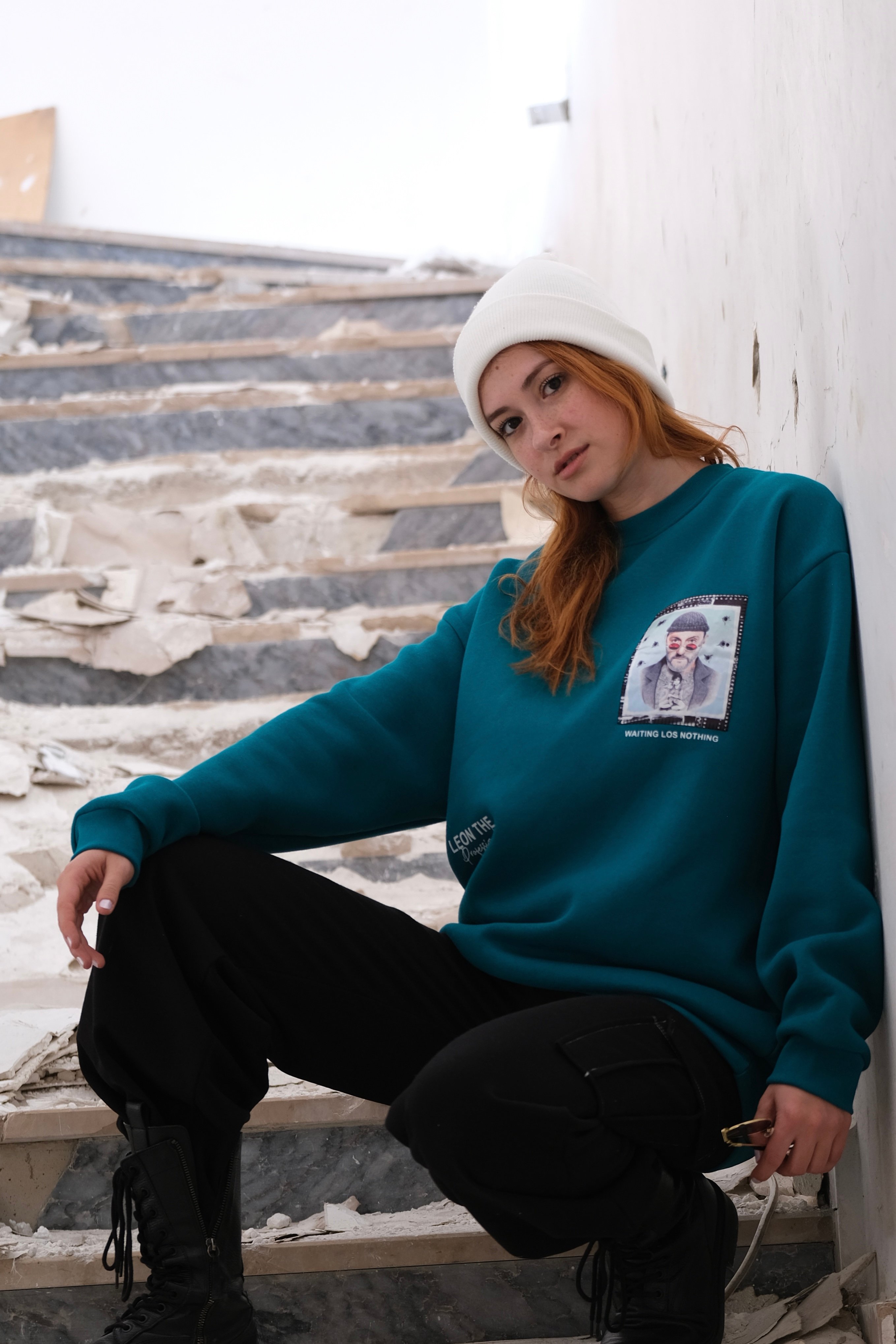 Özel Tasarım Oversize Leon Baskılı Unisex Sweatshirt Petrol Yeşili