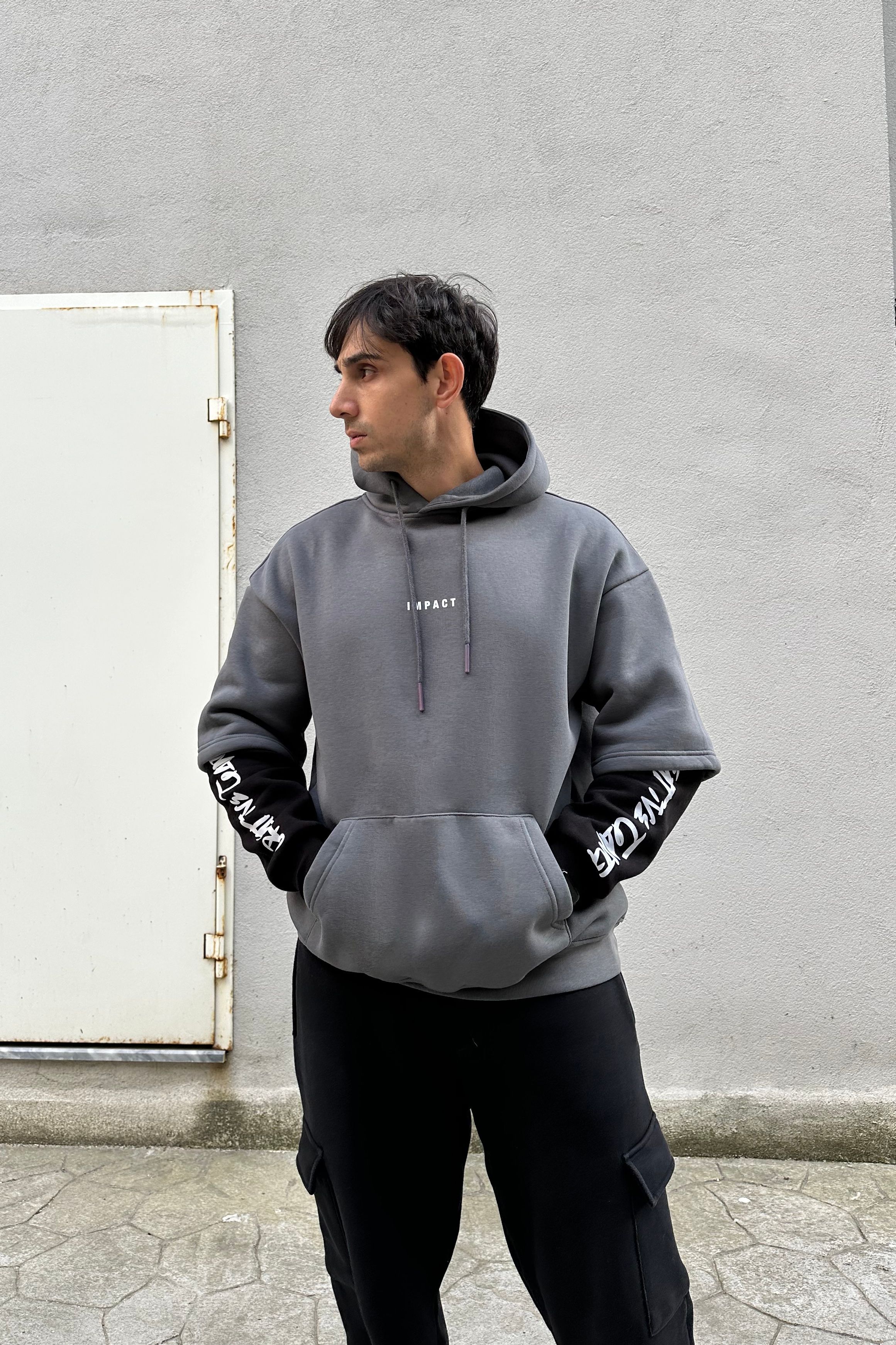  Premium Oversize 'Impact' Baskılı Kol Detaylı Unisex Gri Hoodie