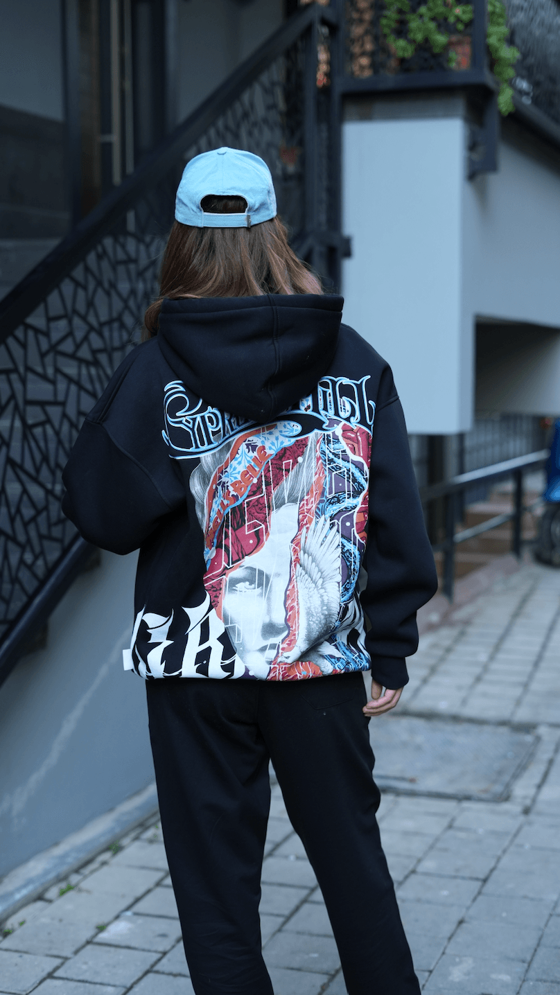 Oversize 'Cypress Hill' Baskılı Unisex Hoodie  - Siyah