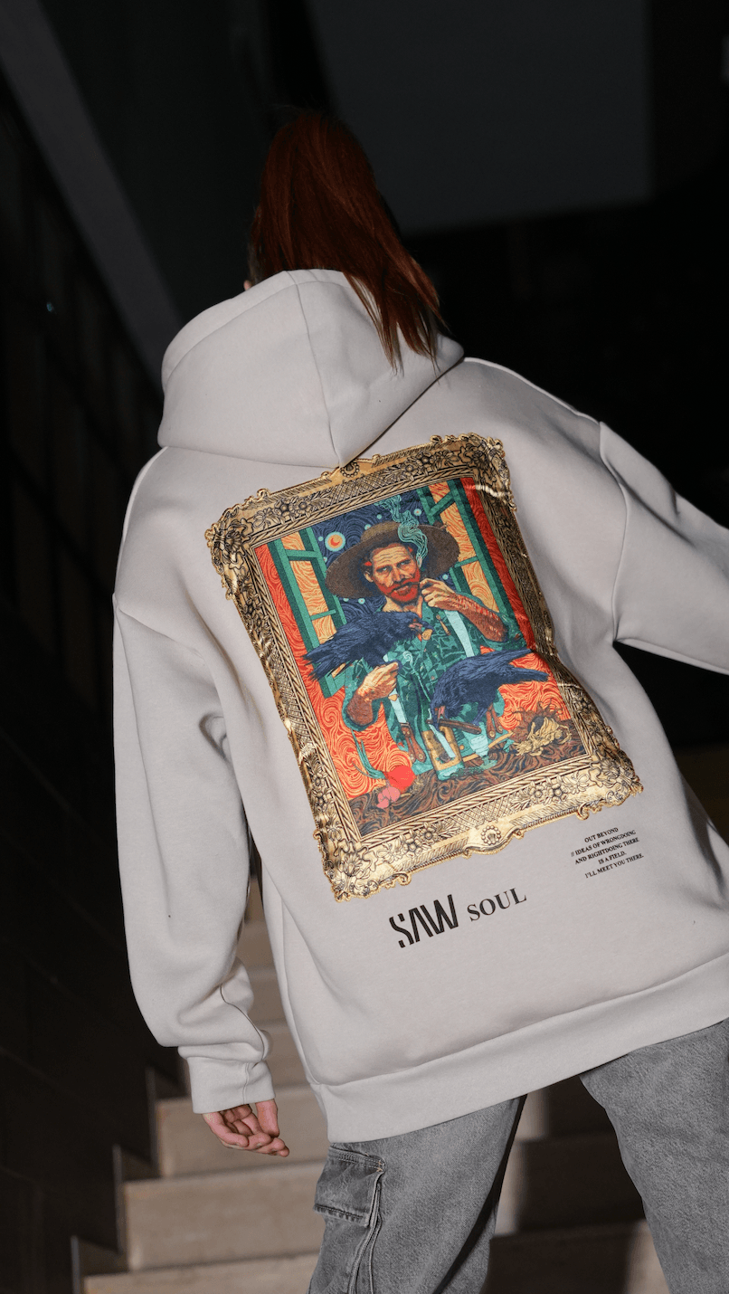 Özel Tasarım Oversize Van Gogh Baskılı Nakışlı Unisex Hoodie Sütlü Kahve