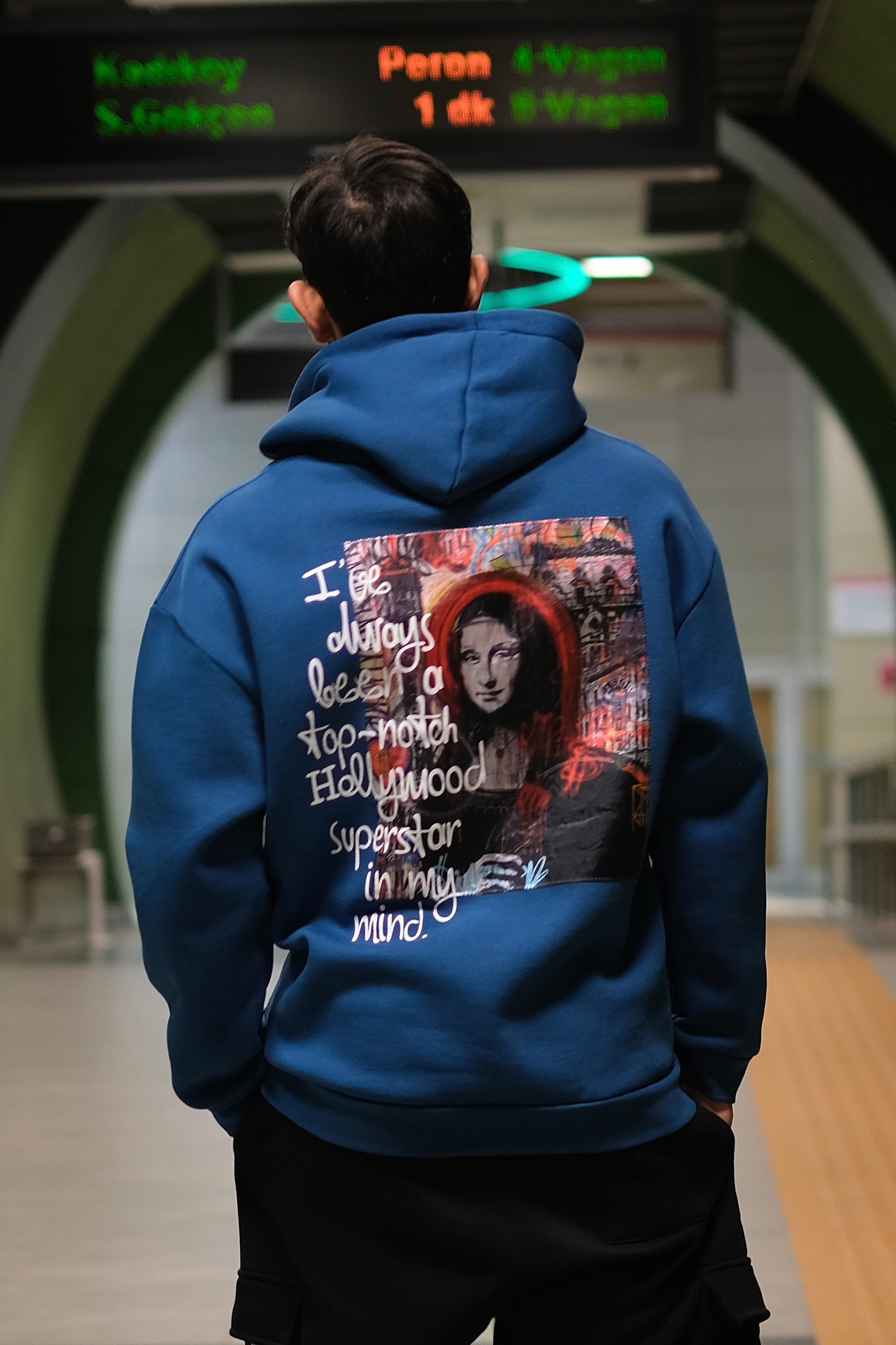 Özel Tasarım Oversize Mona Lisa Baskılı Unisex Hoodie Petrol Yeşili