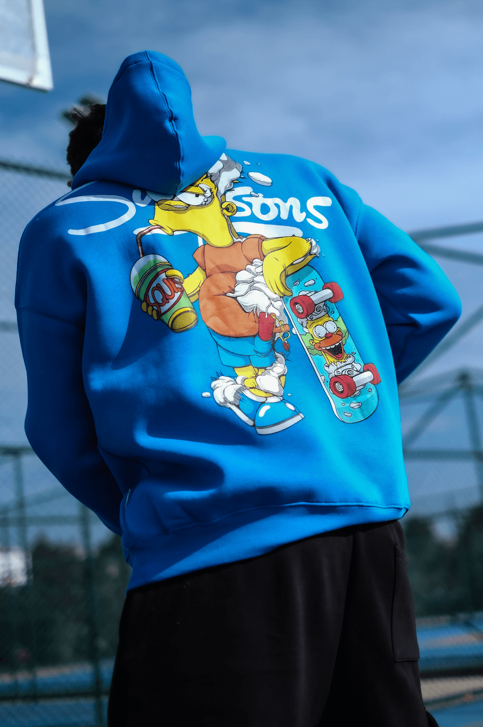 Oversize Simpson Baskılı Unisex Hoodie  - Mavi