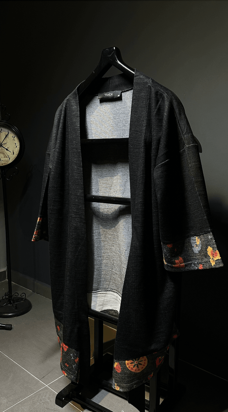 Oversize Desen Detaylı Unisex Siyah Kimono