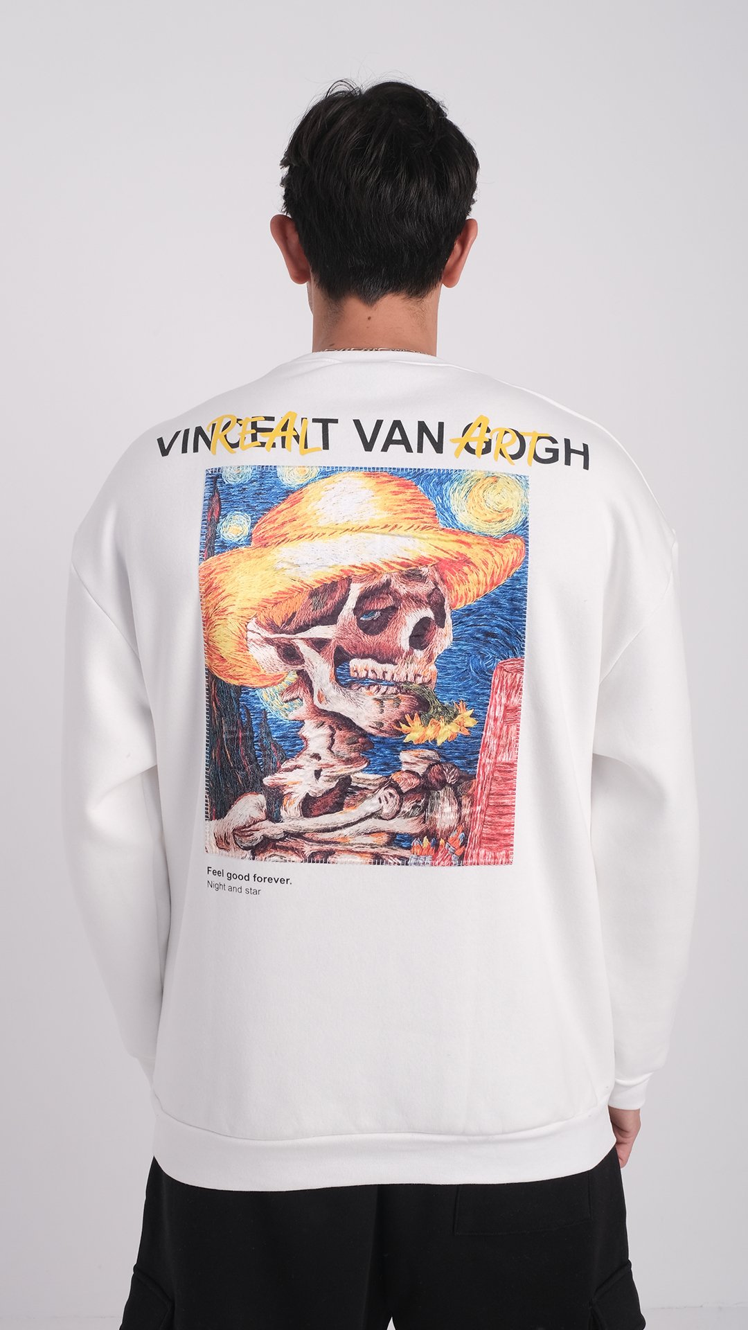 Özel Tasarım Oversize Van Gogh Baskılı Nakışlı Unisex Sweatshirt Beyaz