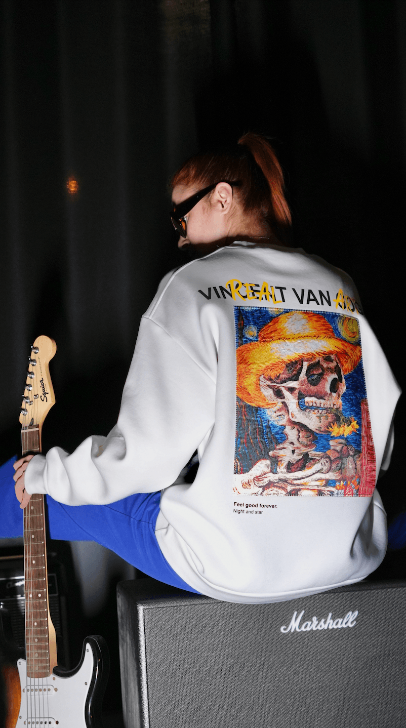 Özel Tasarım Oversize Van Gogh Baskılı Nakışlı Unisex Sweatshirt Beyaz