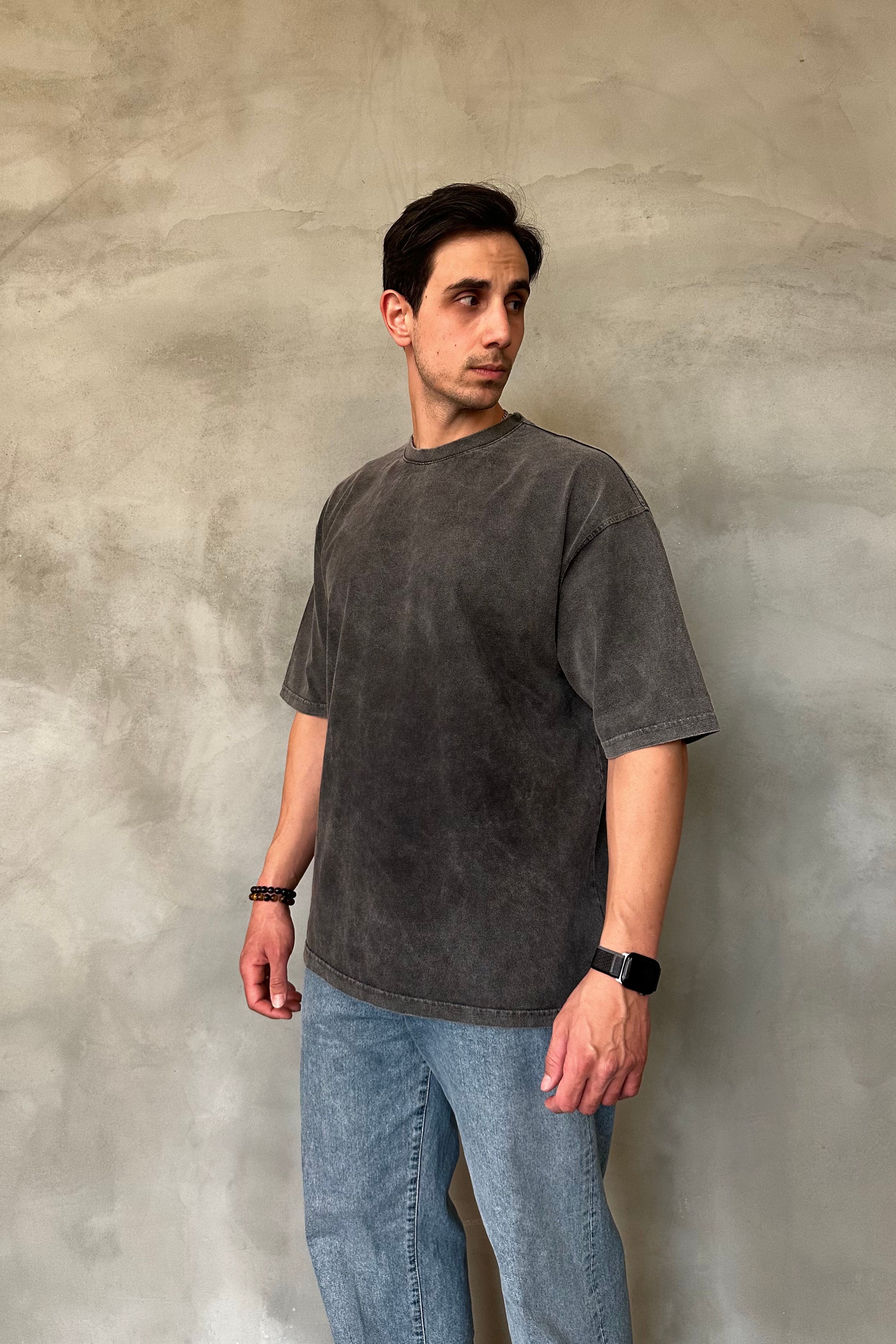 Oversize Özel Yıkamalı Kumaş Basic T-shirt