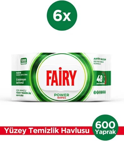 Fairy Power Wipes Yuzey Temizlik Havlusu 100 Yaprak 6 Adet | Beyaz Sabun Sirke & Karbonat