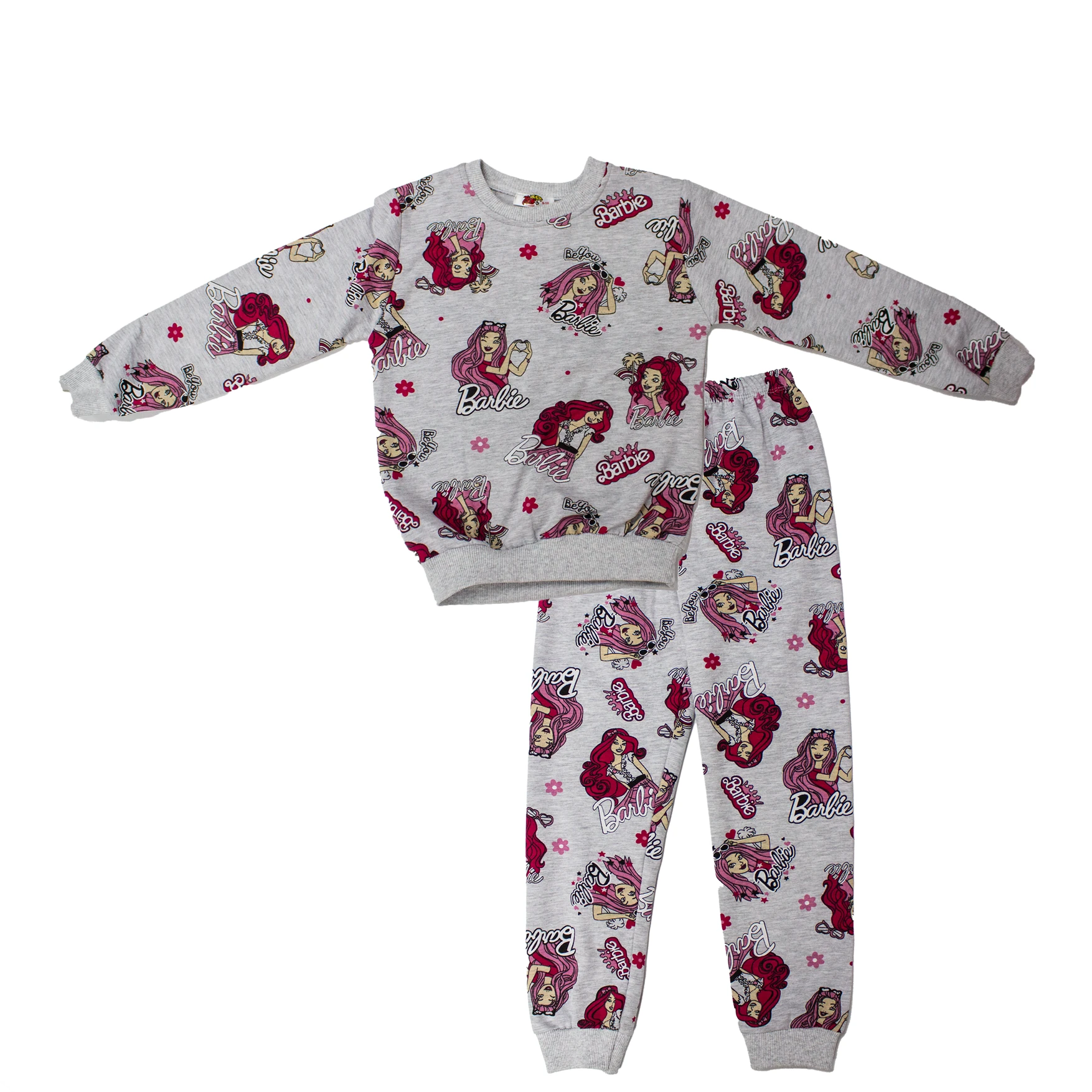 GRİ VE PEMBE RENK BARBIE BEBEKLİ PİJAMA TAKIMI