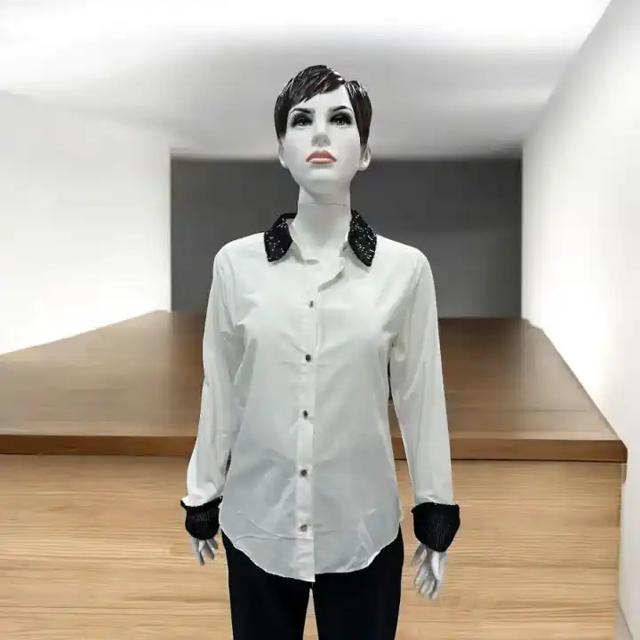 KADIN SİYAH TAŞLI BEYAZ GÖMLEK - Siyah