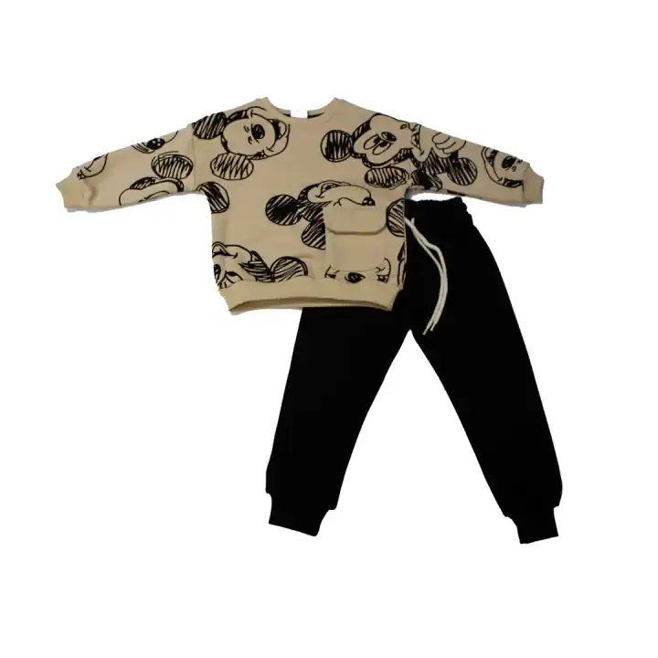 KREM SİYAH MICKEY CEPLI EŞOFMAN TAKIMI