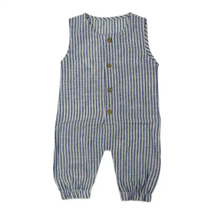 MÜSLİN KOLSUZ BEBEK TULUM - Mavi-Beyaz