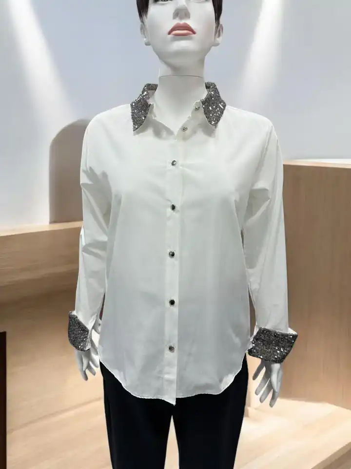 KADIN SİYAH TAŞLI BEYAZ GÖMLEK - Gri