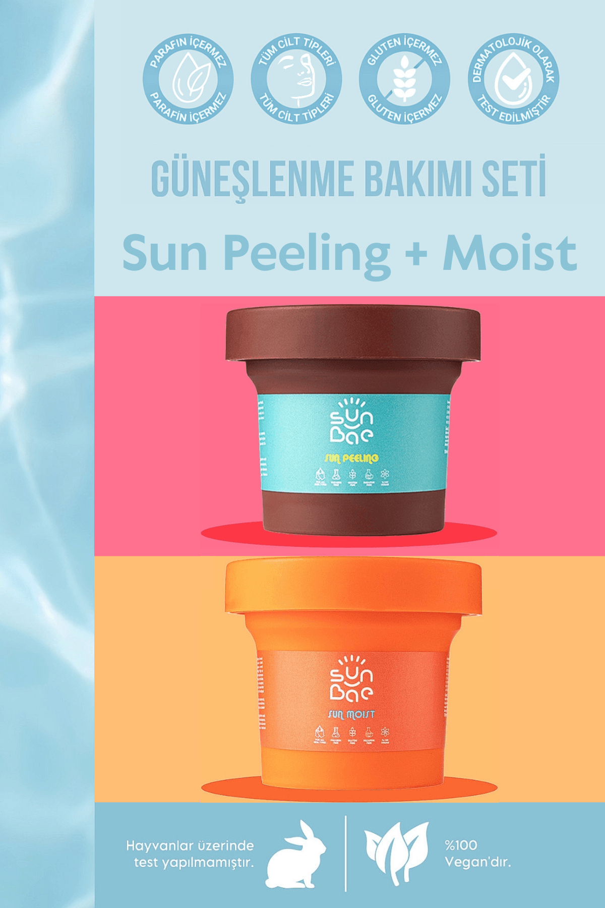 Sun Peeling 100 ml - Besleyici Arındırıcı Bronzlaştıran Yüz Vücut Scrub Peeling + Sun Moist 100 ml - Bronzlaştıran Nemlendirici Vücut Losyonu