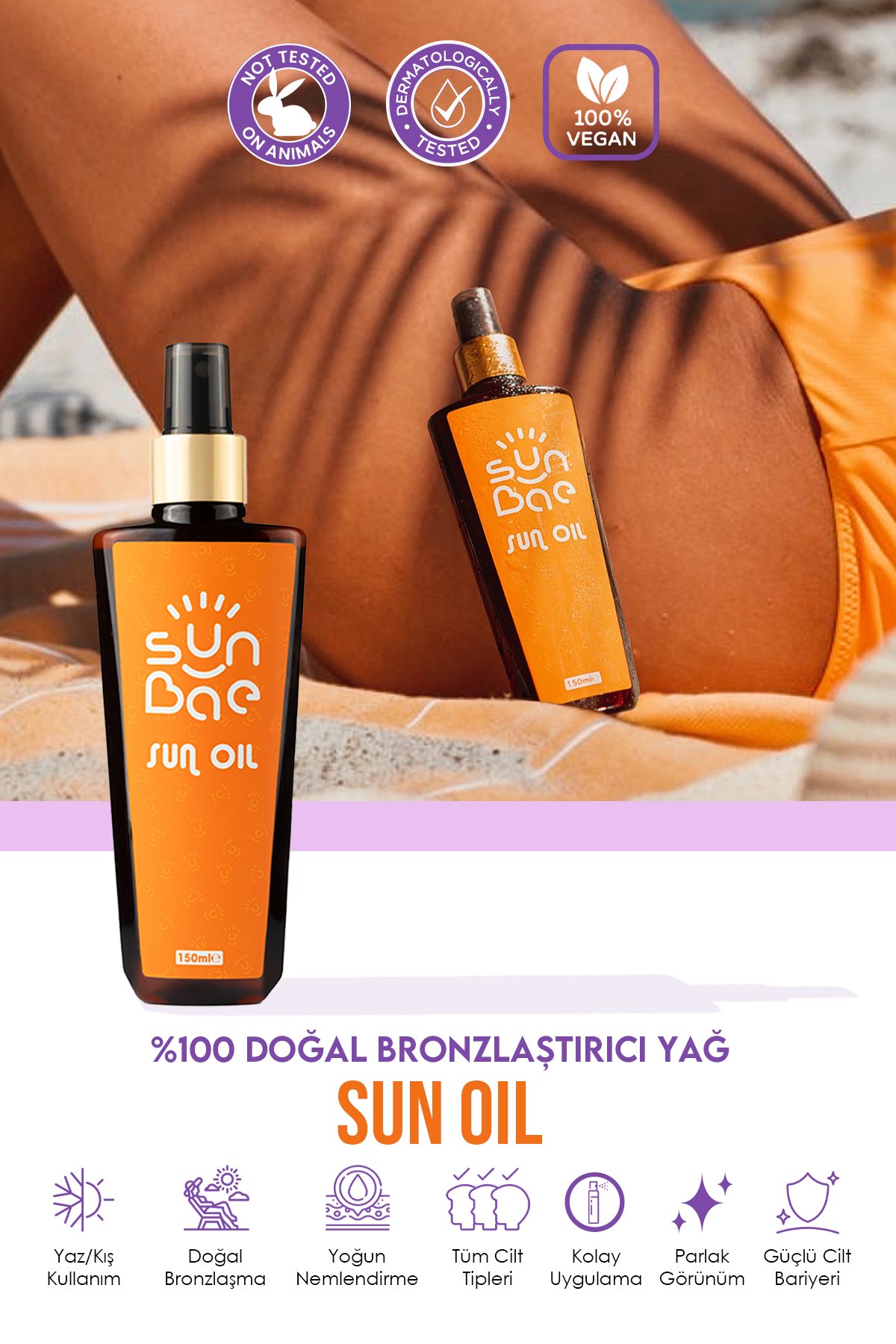 Sun Oil 150 ml  x 2 Adet - %100 Doğal Nemlendiren Bronzlaştırıcı Yağ