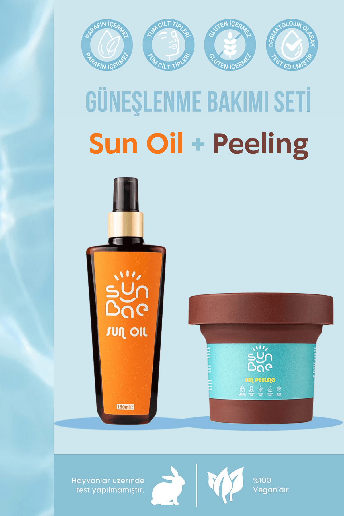 Sun Oil 150 ml -%100 Doğal Nemlendiren Bronzlaştırıcı Yağ + Sun Peeling 100ml - Besleyici Arındırıcı Bronzlaştıran Yüz Vücut Scrub Peeling