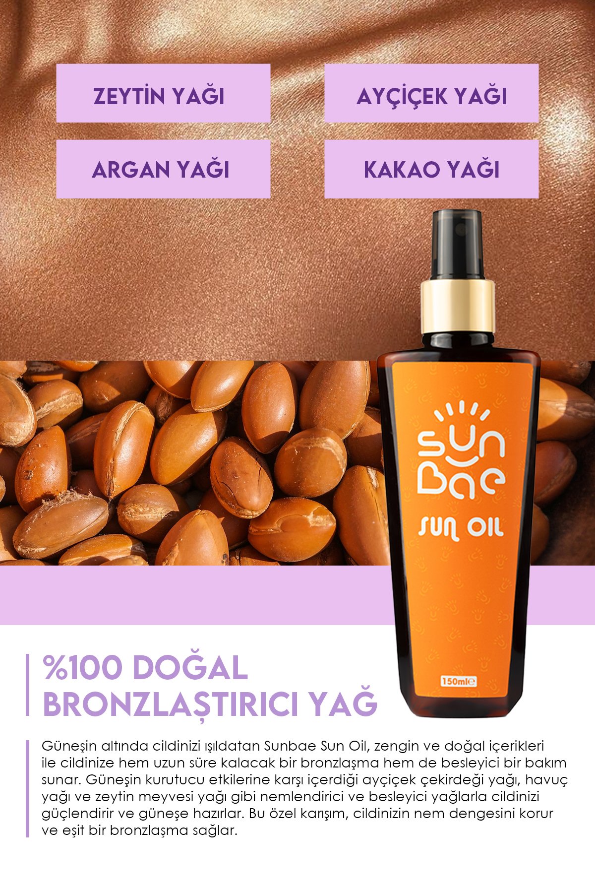 Sun Oil 150 ml  x 2 Adet - %100 Doğal Nemlendiren Bronzlaştırıcı Yağ