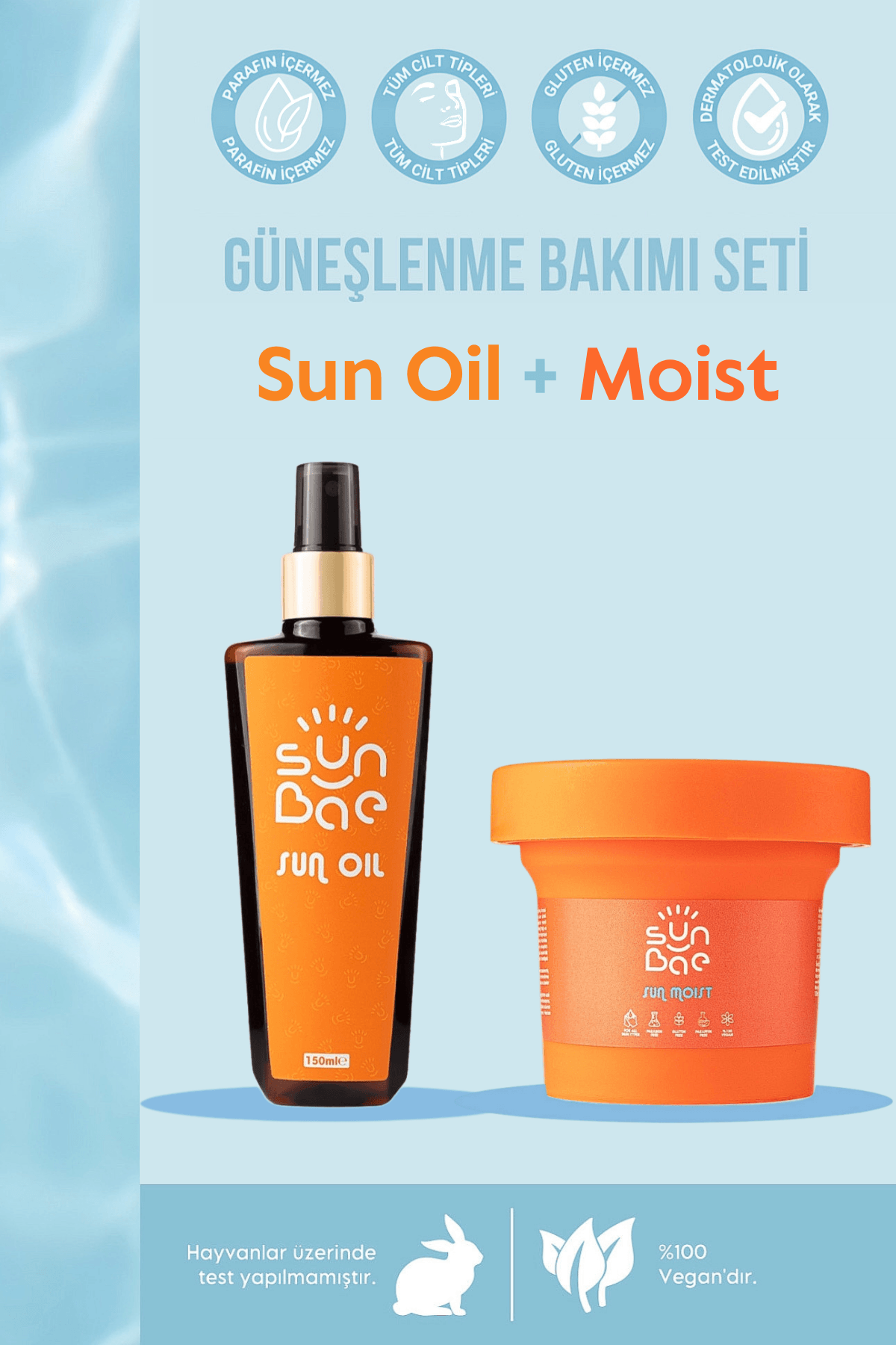 Sun Oil 150 ml -%100 Doğal Nemlendiren Bronzlaştırıcı Yağ + Sun Moist 100 ml - Bronzlaştıran Nemlendirici Vücut Losyonu 