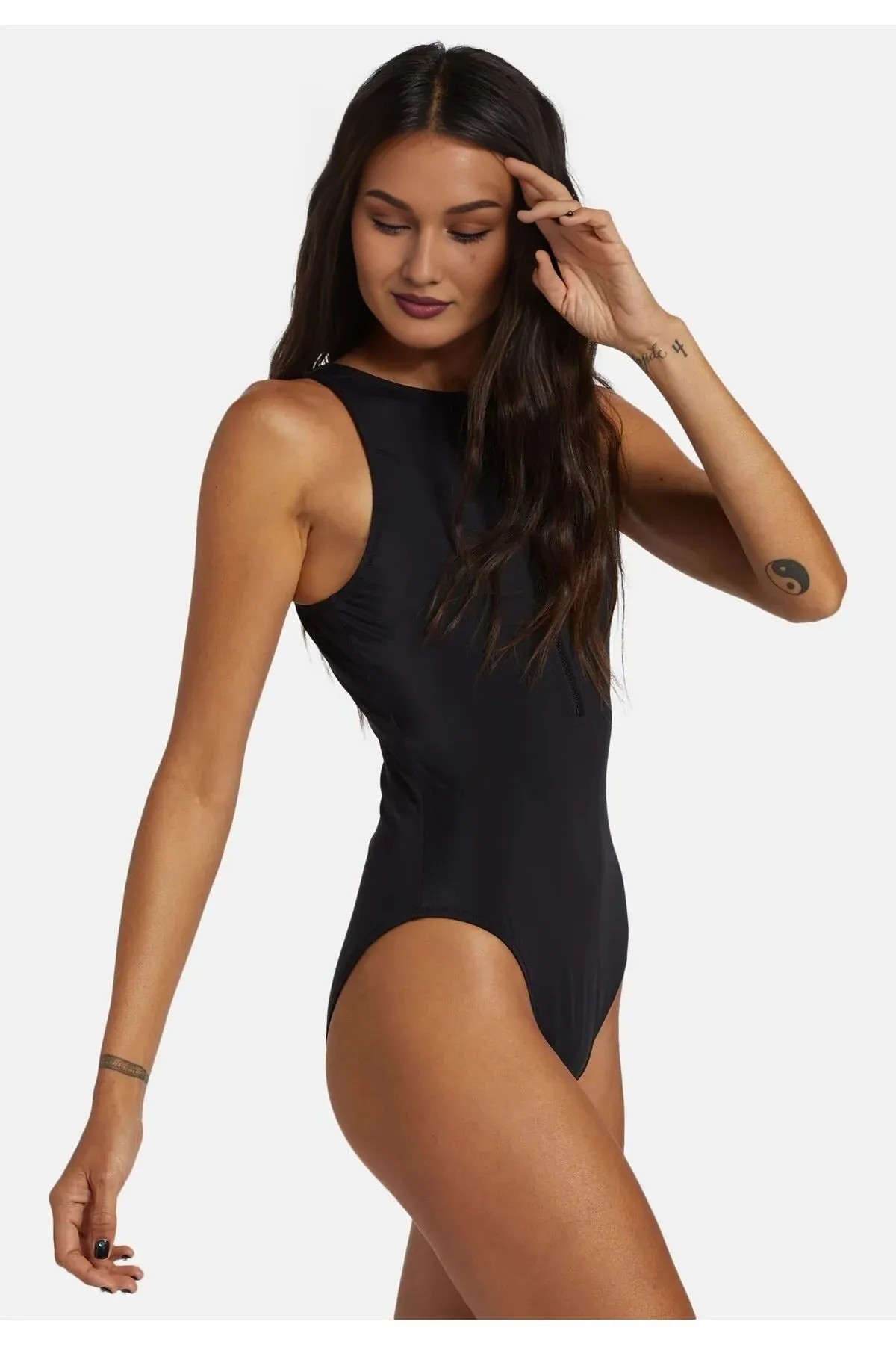 Siyah Halter Yaka Fermuarlı Tulum Mayo