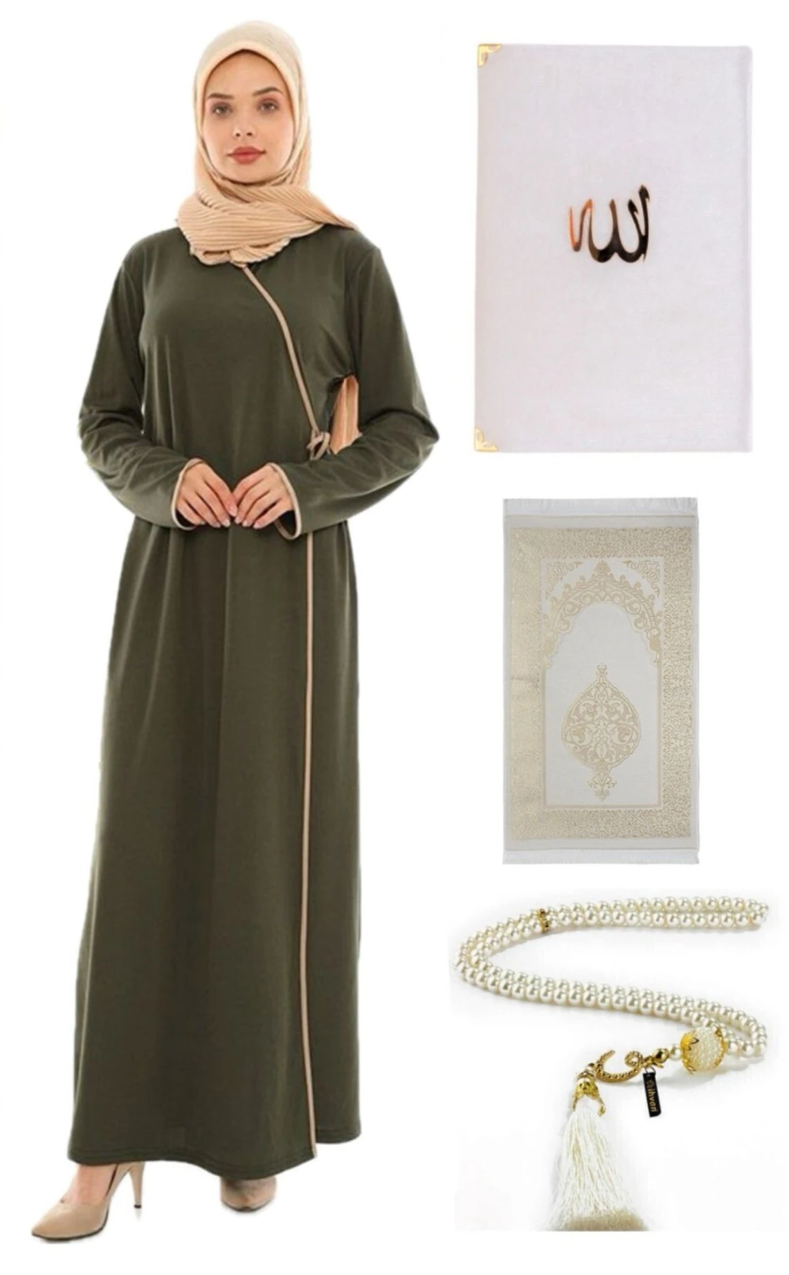 Namaz Seti Namaz Elbisesi Seccade Inci Tesbih Yasin - haki