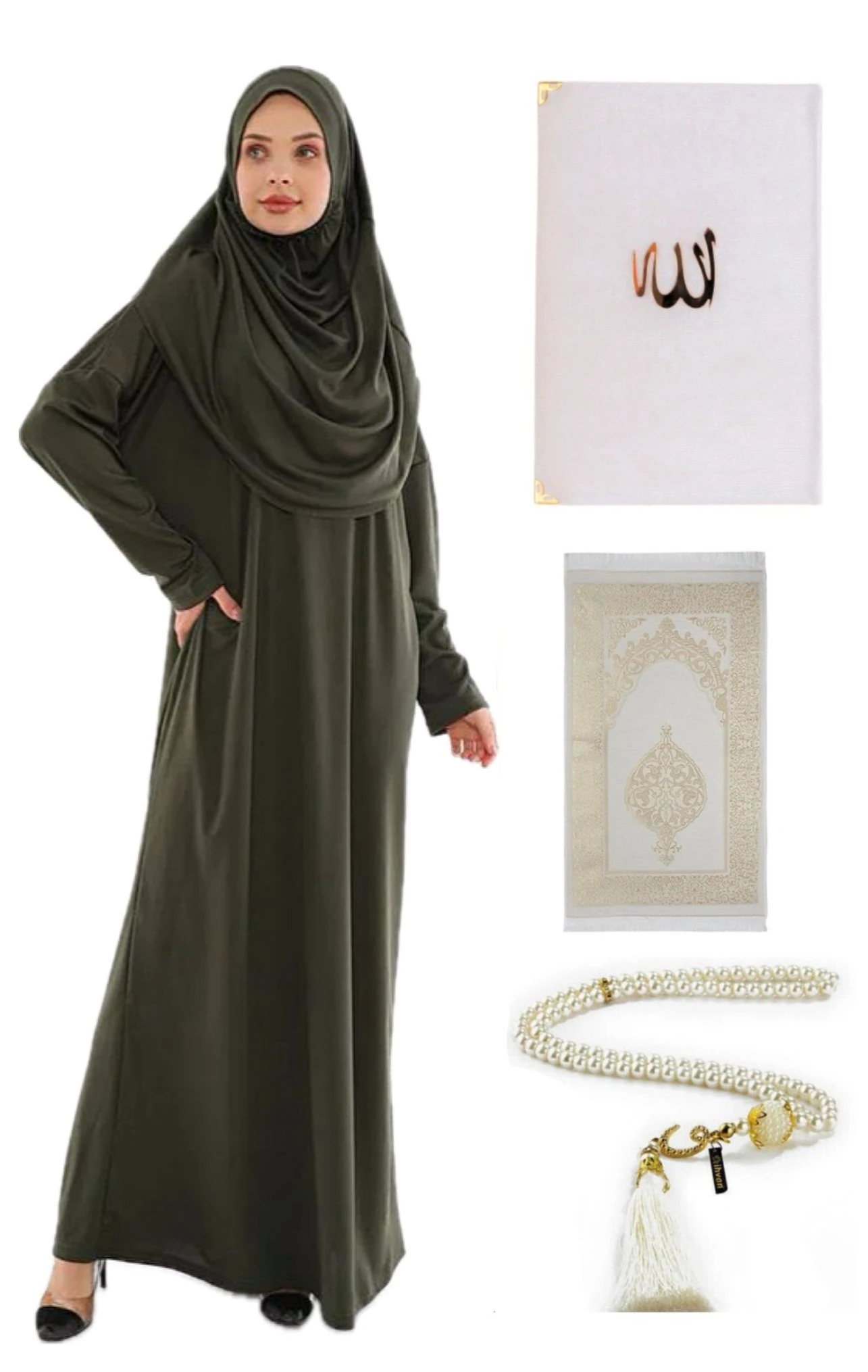 Namaz Seti Namaz Elbisesi Seccade Inci Tesbih Yasin - haki