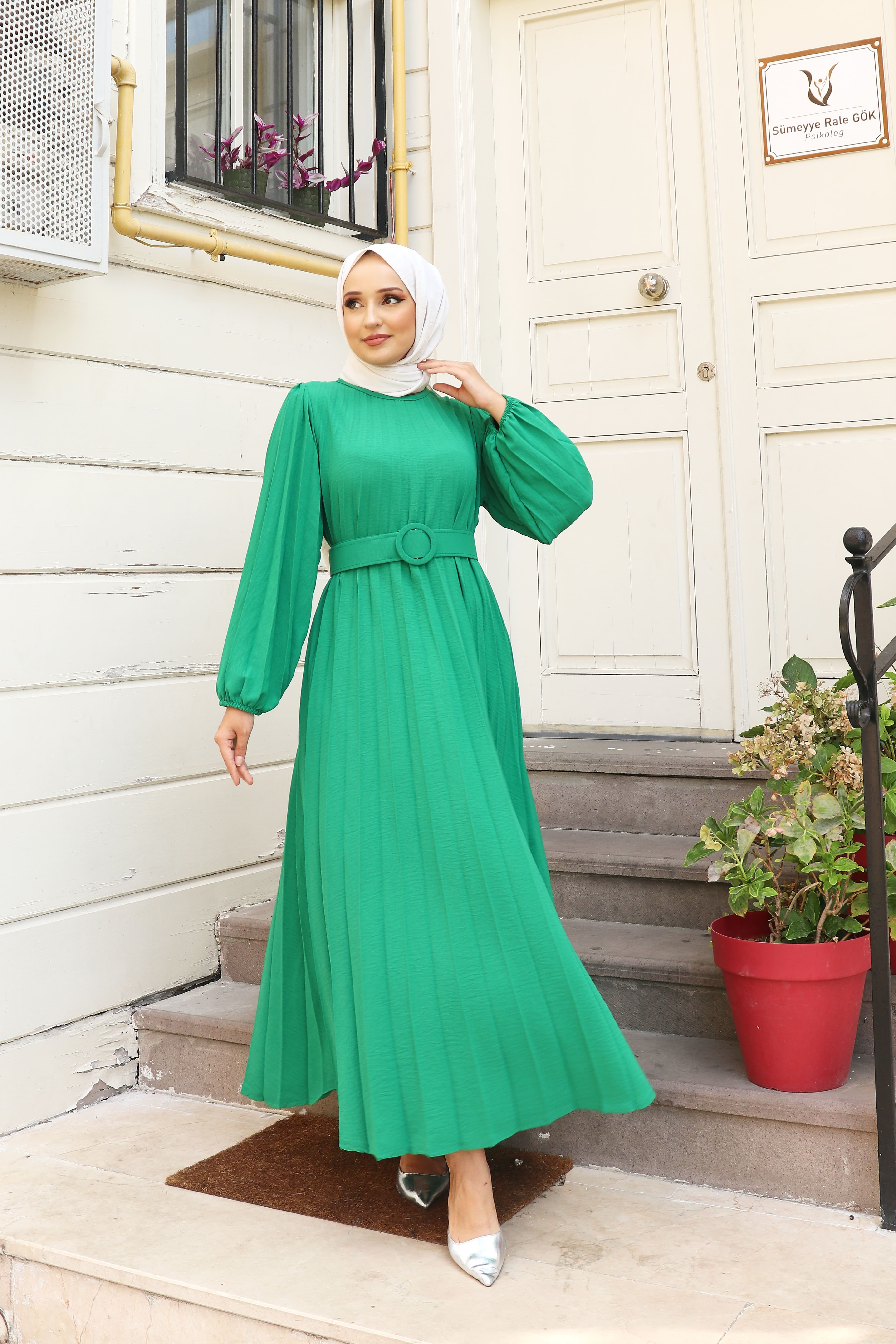 1005^Piliseli Kemerli Elbise - Yeşil--0990 - 6