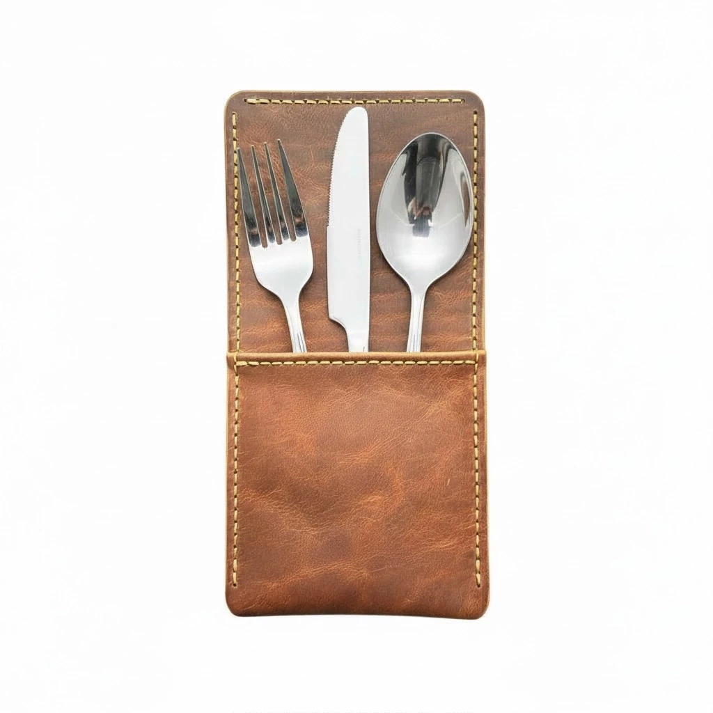 El Yapımı Crazy Dana Derisi Çatal Kaşık Bıçak Kılıfı – Premium Sunum 6'lı Set  - Yeşil