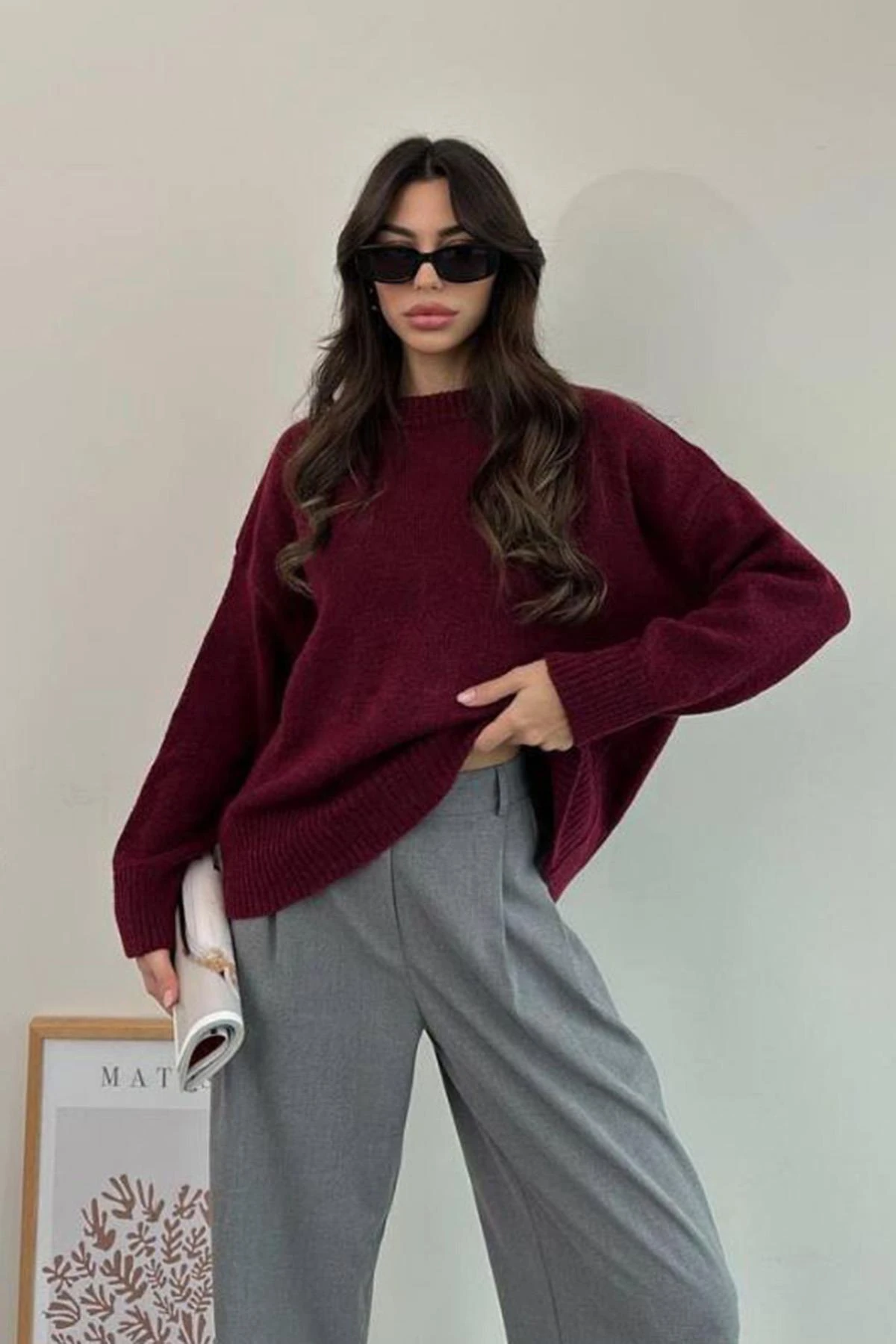 Antrasit Bisiklet Yaka Oversize Triko Kazak - Bordo