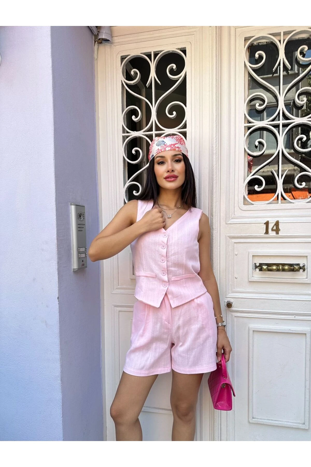 Keten Şortlu Takım - Pudra