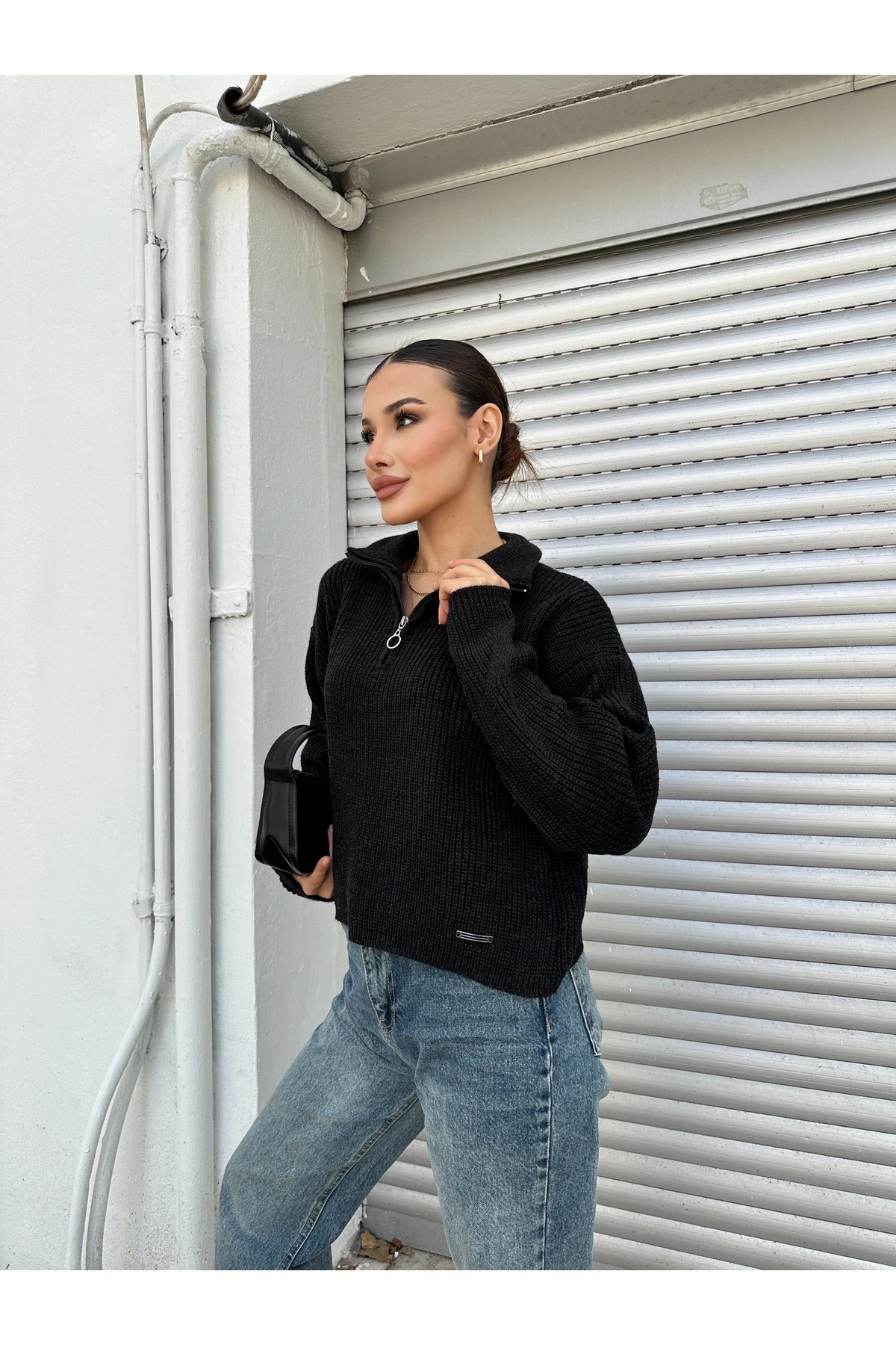 Fermuarlı Triko Kazak - Siyah