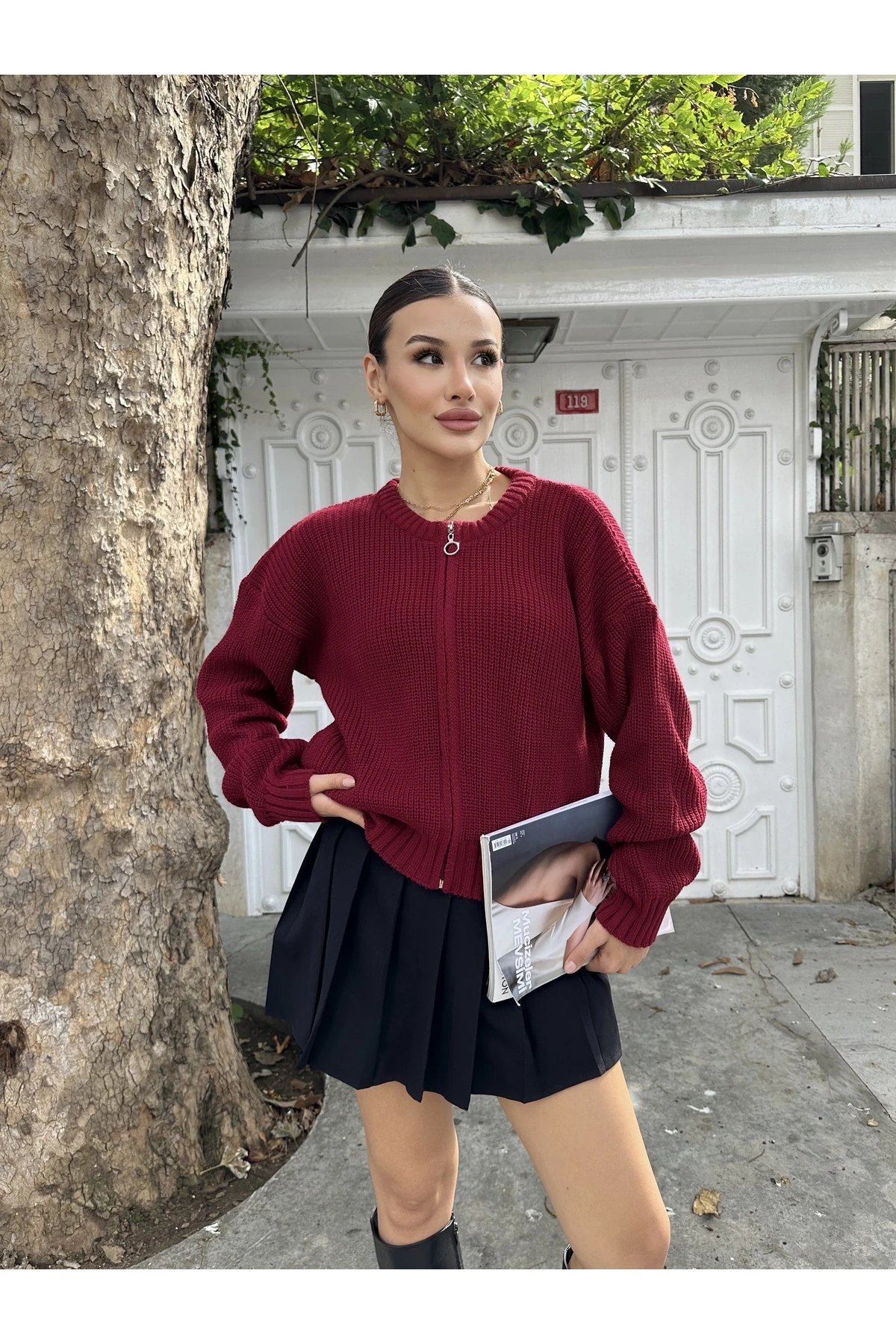 Kadın Fermuarlı Triko Hırka - Bordo