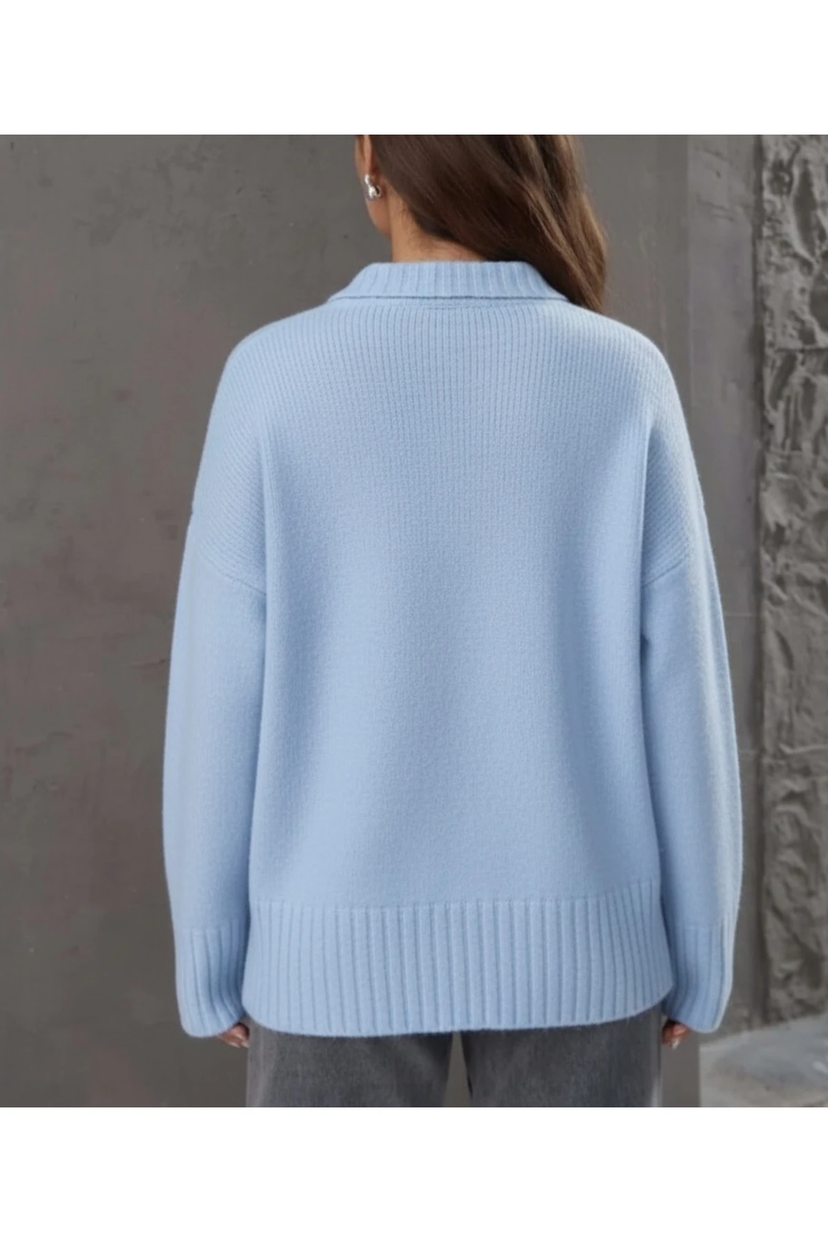 Antrasit Bisiklet Yaka Oversize Triko Kazak - Bebe Mavisi