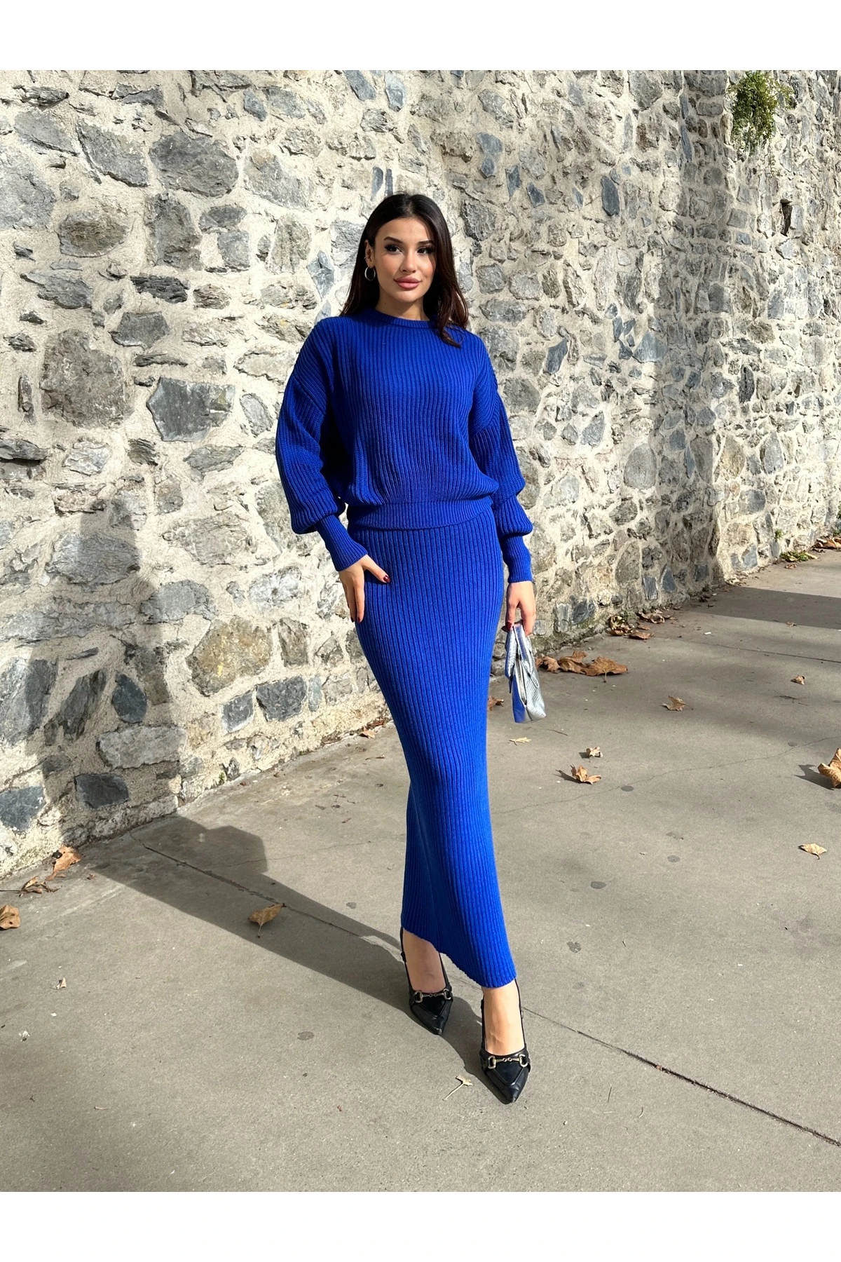 Selanik Örgü İkili Takım - saks mavisi