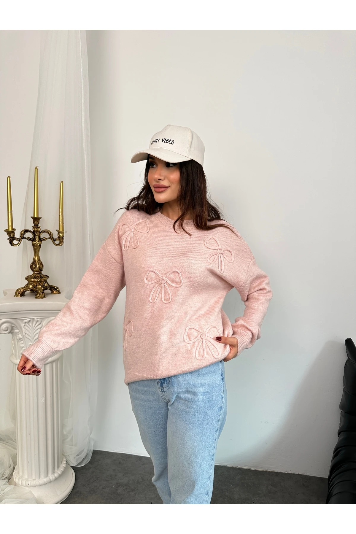 Fiyonk Süzeneli Kadın Triko Kazak - Pudra