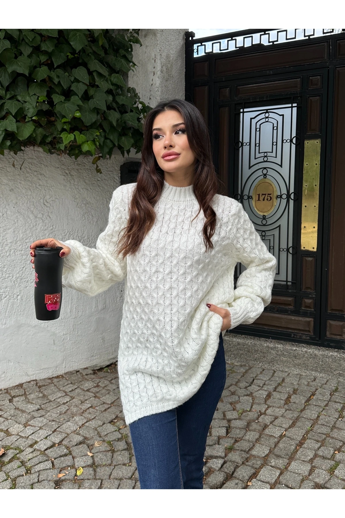 Bisiklet Yaka Dokulu Triko Tunik - Beyaz