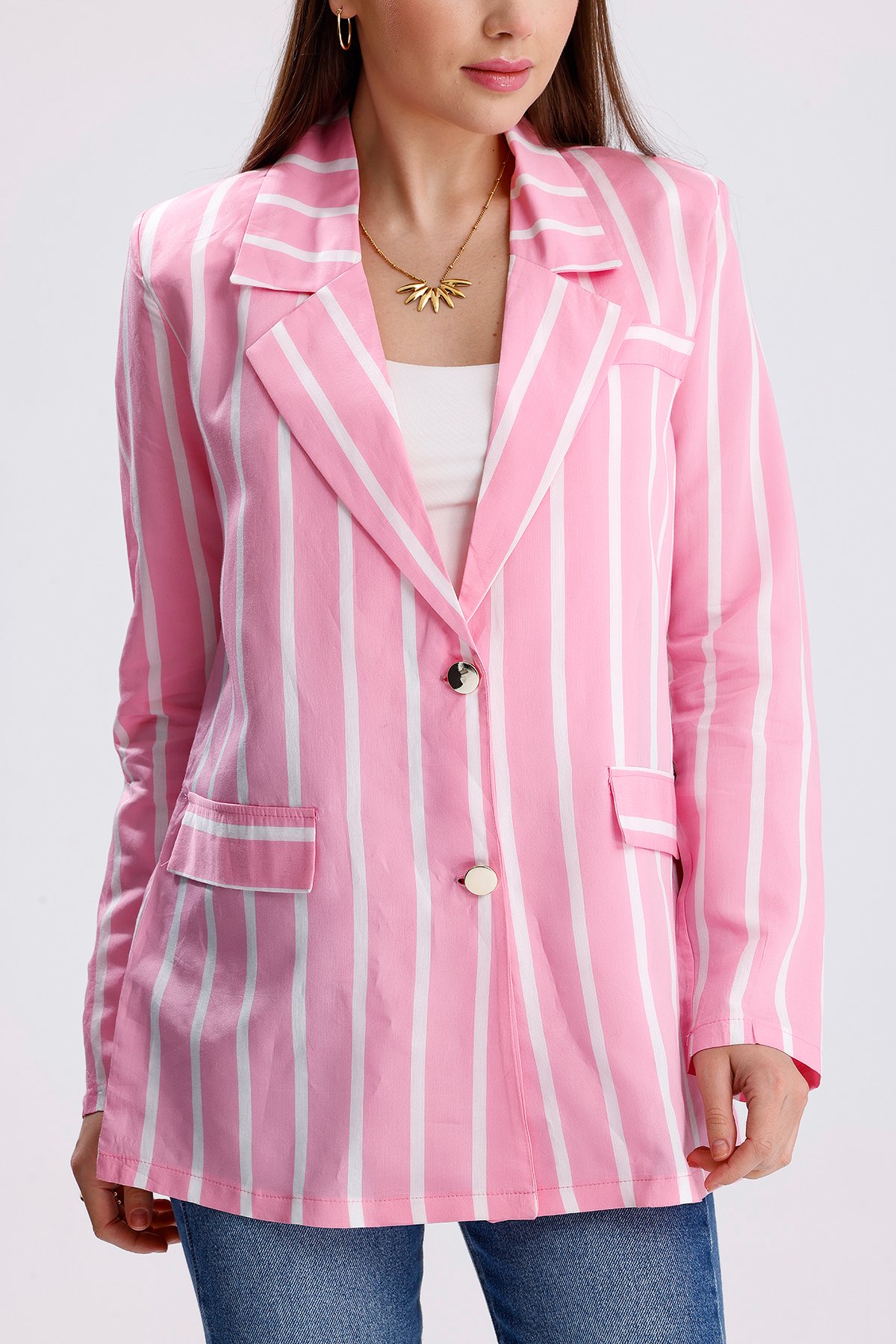Modal Yazlık Çizgili Ceket - Pembe
