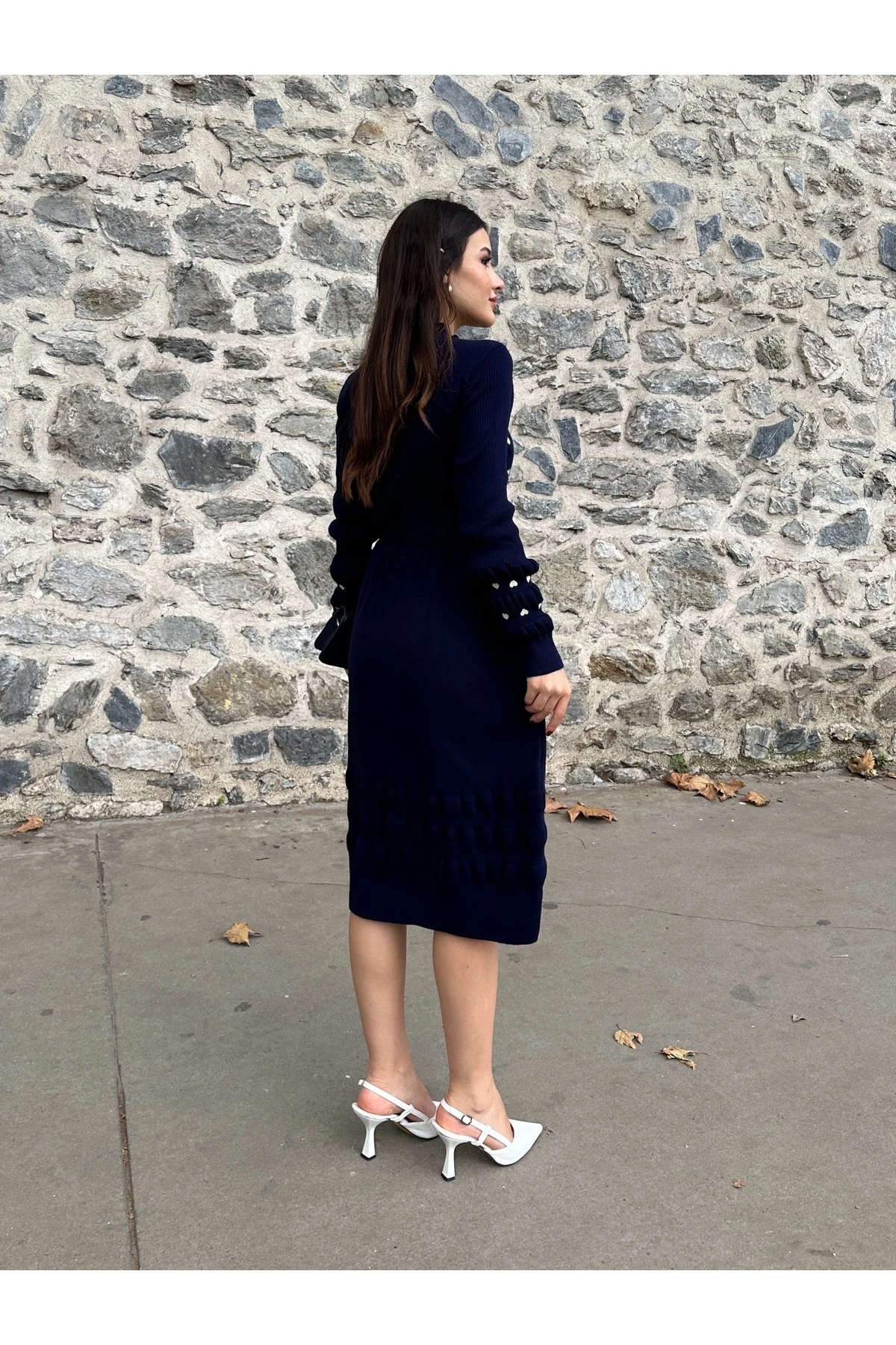 Kalp Nakışlı Şık Triko Elbise - Lacivert