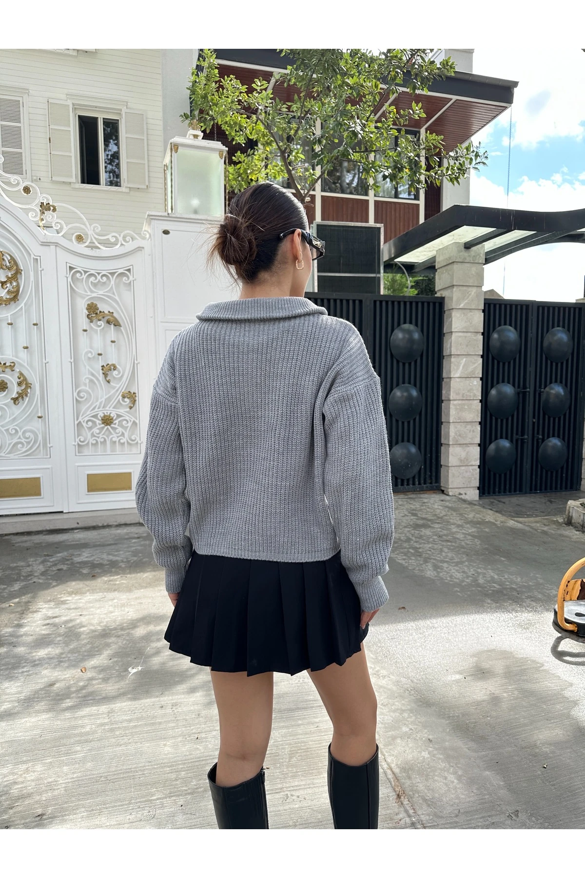 Fermuarlı Triko Kazak - Gri