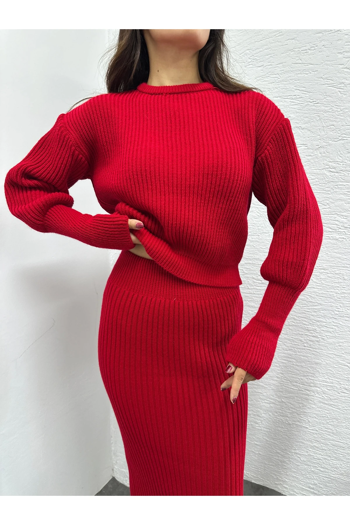 Selanik Örgü İkili Takım - Kırmızı