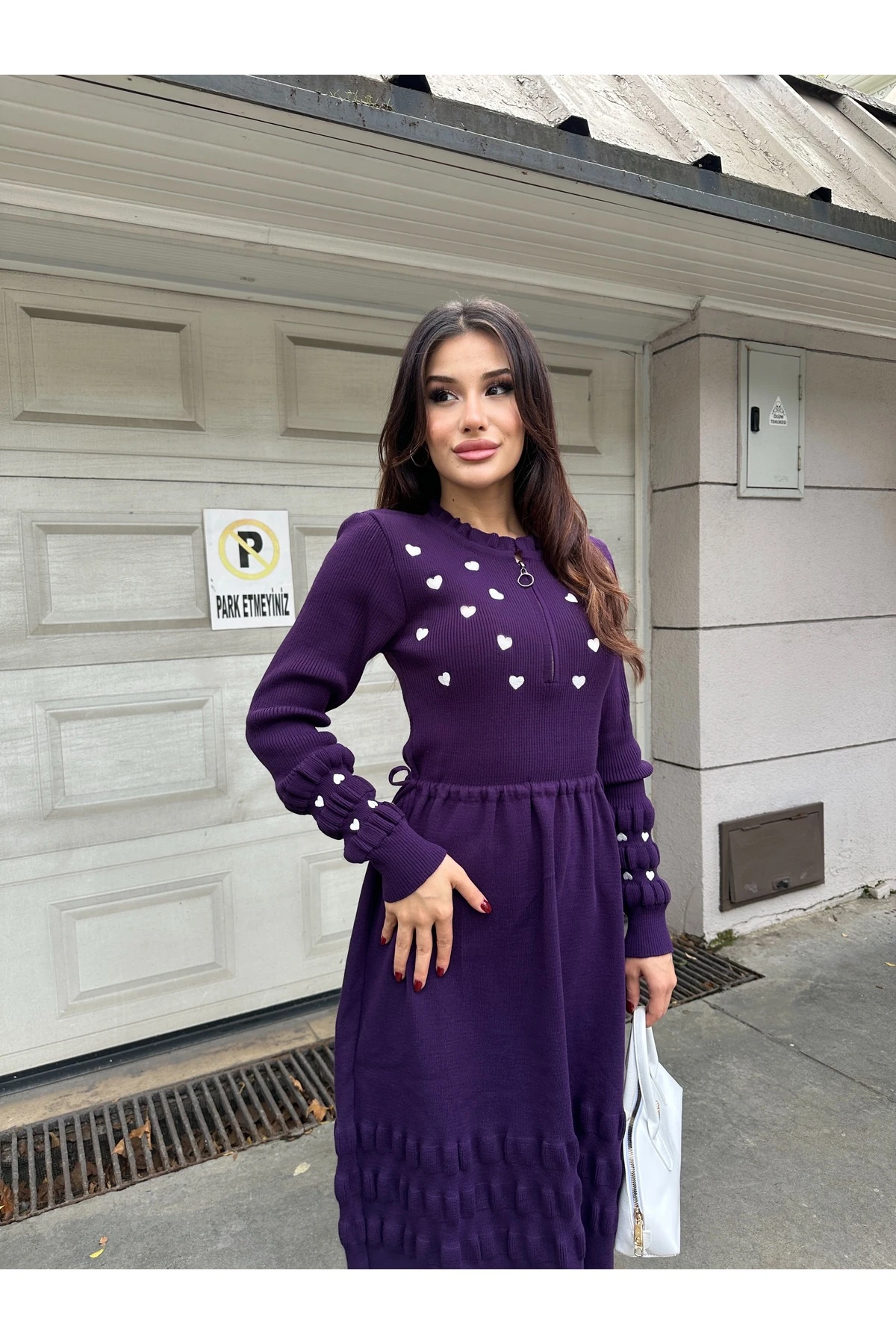 Kalp Nakışlı Şık Triko Elbise - Mor