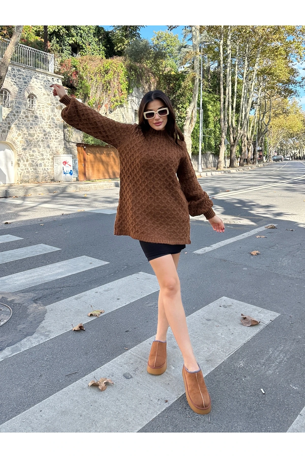 Bisiklet Yaka Dokulu Triko Tunik - Kahverengi