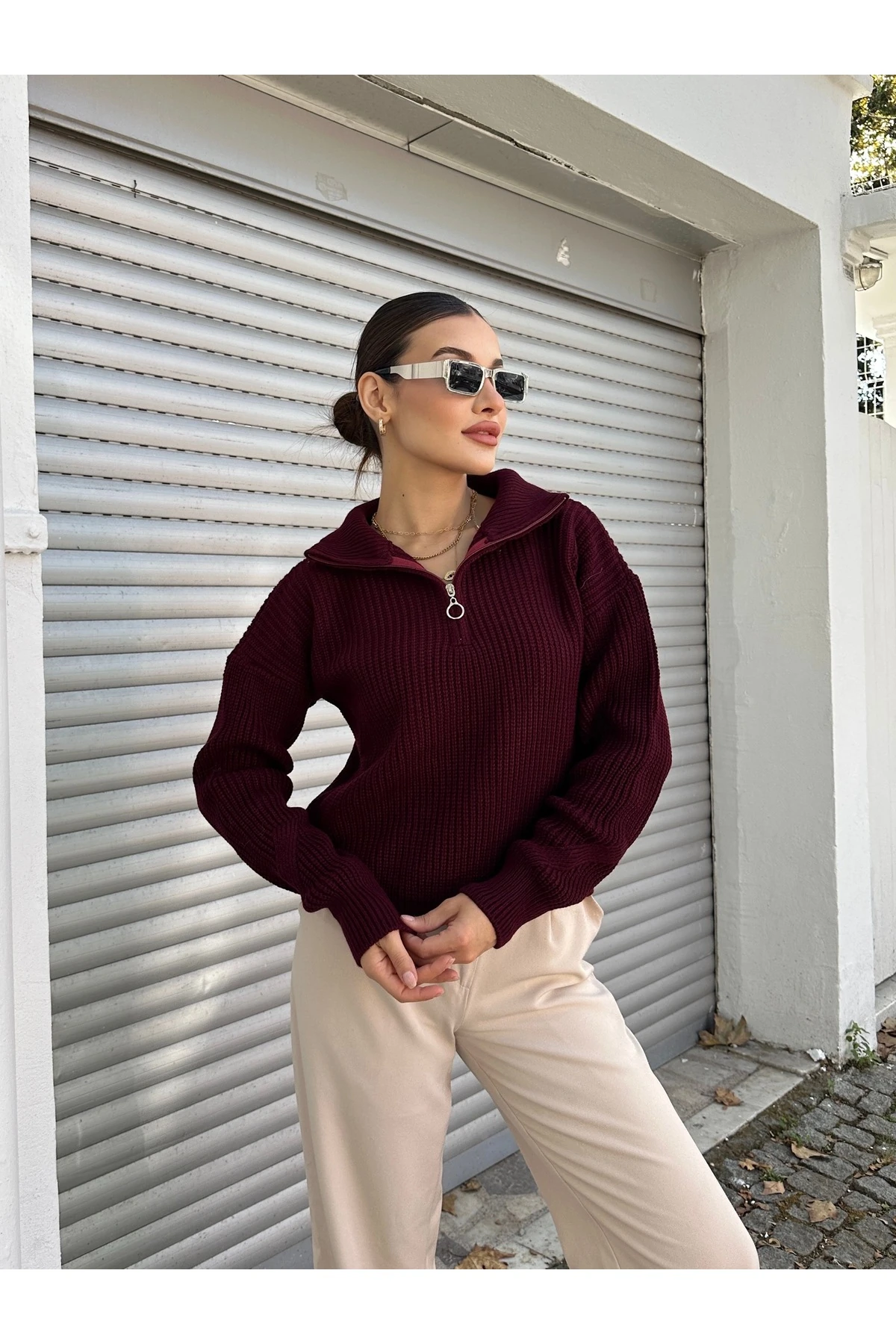 Fermuarlı Triko Kazak - Bordo