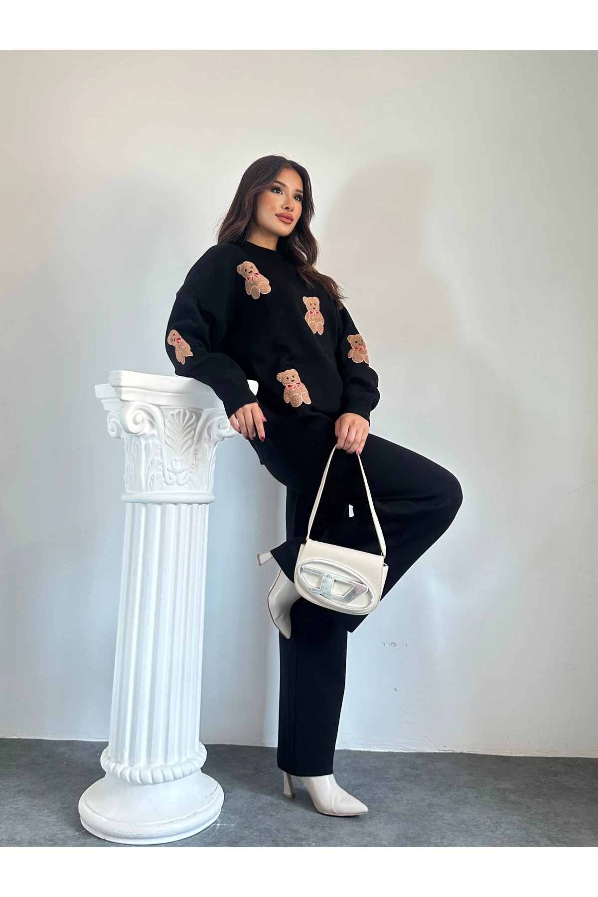 Ayıcıklı Triko Takım - Siyah