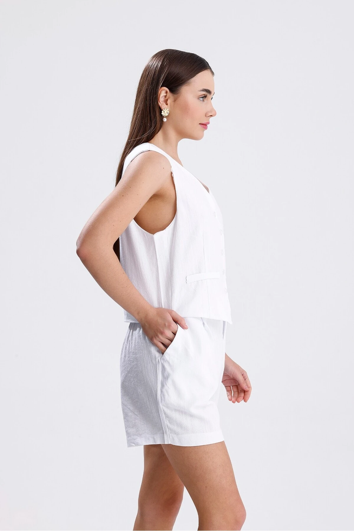 Keten Şortlu Takım - Beyaz