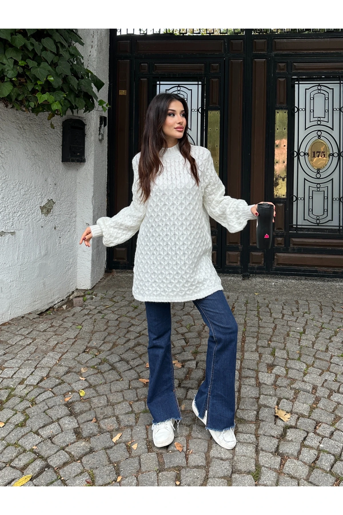 Bisiklet Yaka Dokulu Triko Tunik - Beyaz