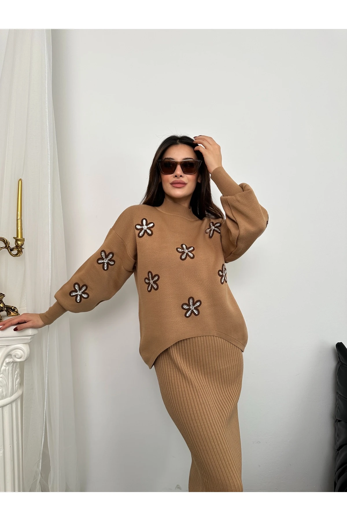 Papatya Desen Triko Takım - Bej