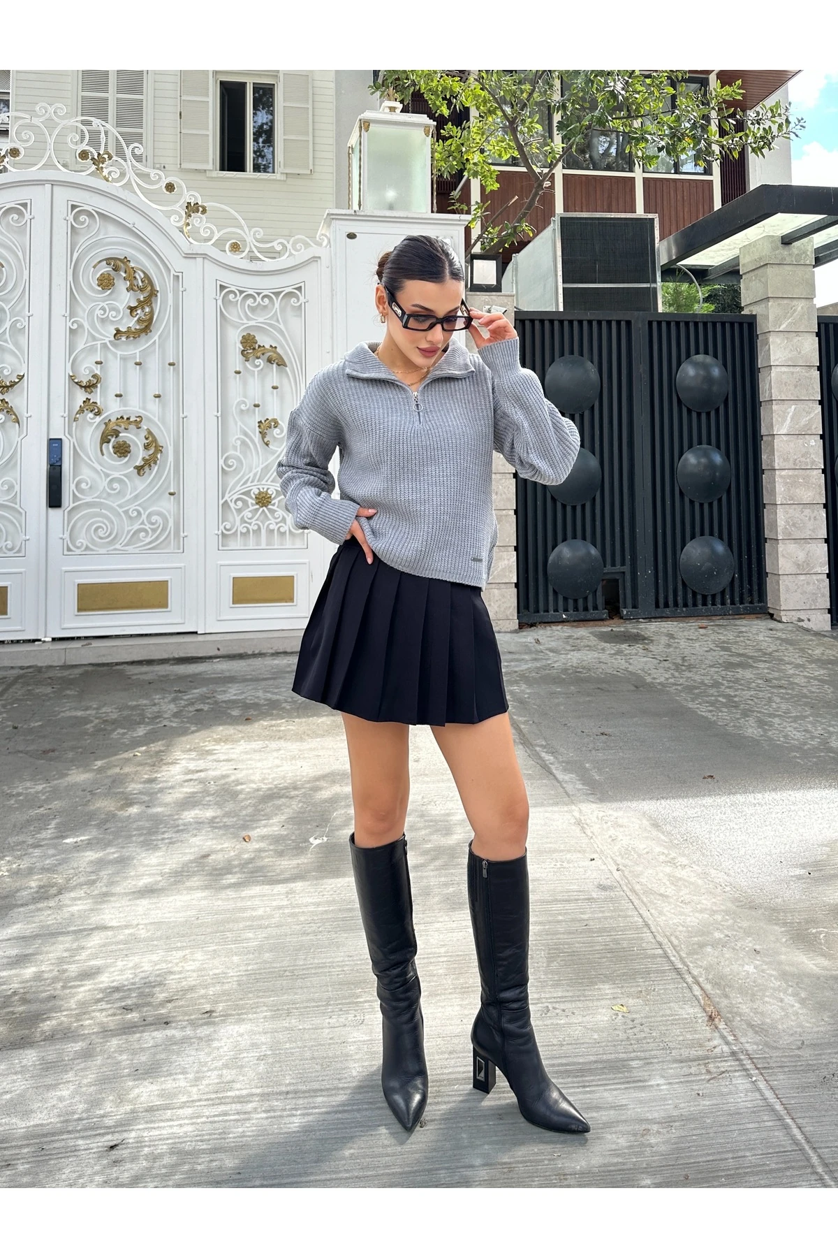 Fermuarlı Triko Kazak - Gri