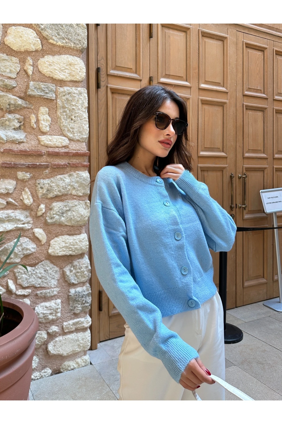 Basic Düğmeli Antrasit Triko Hırka - Bebe Mavisi