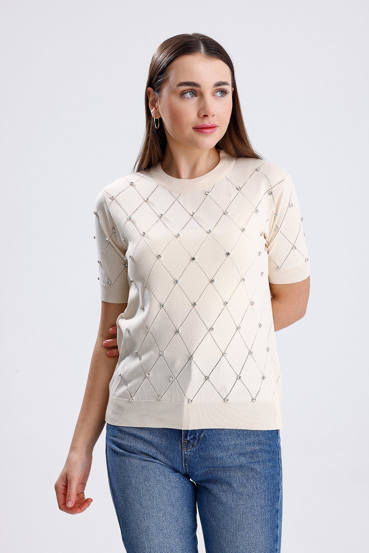 Taşlı T-shirt - Krem